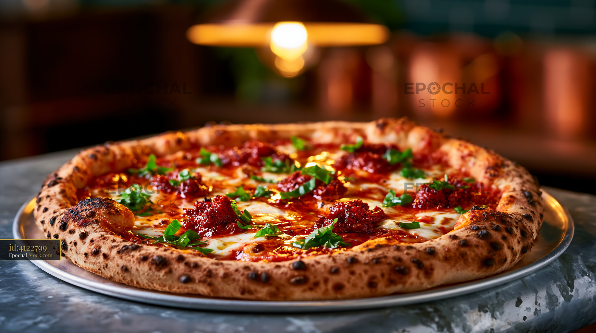 Freshly baked nduja calabrese pizza with spicy pork paste and basil - stock photo