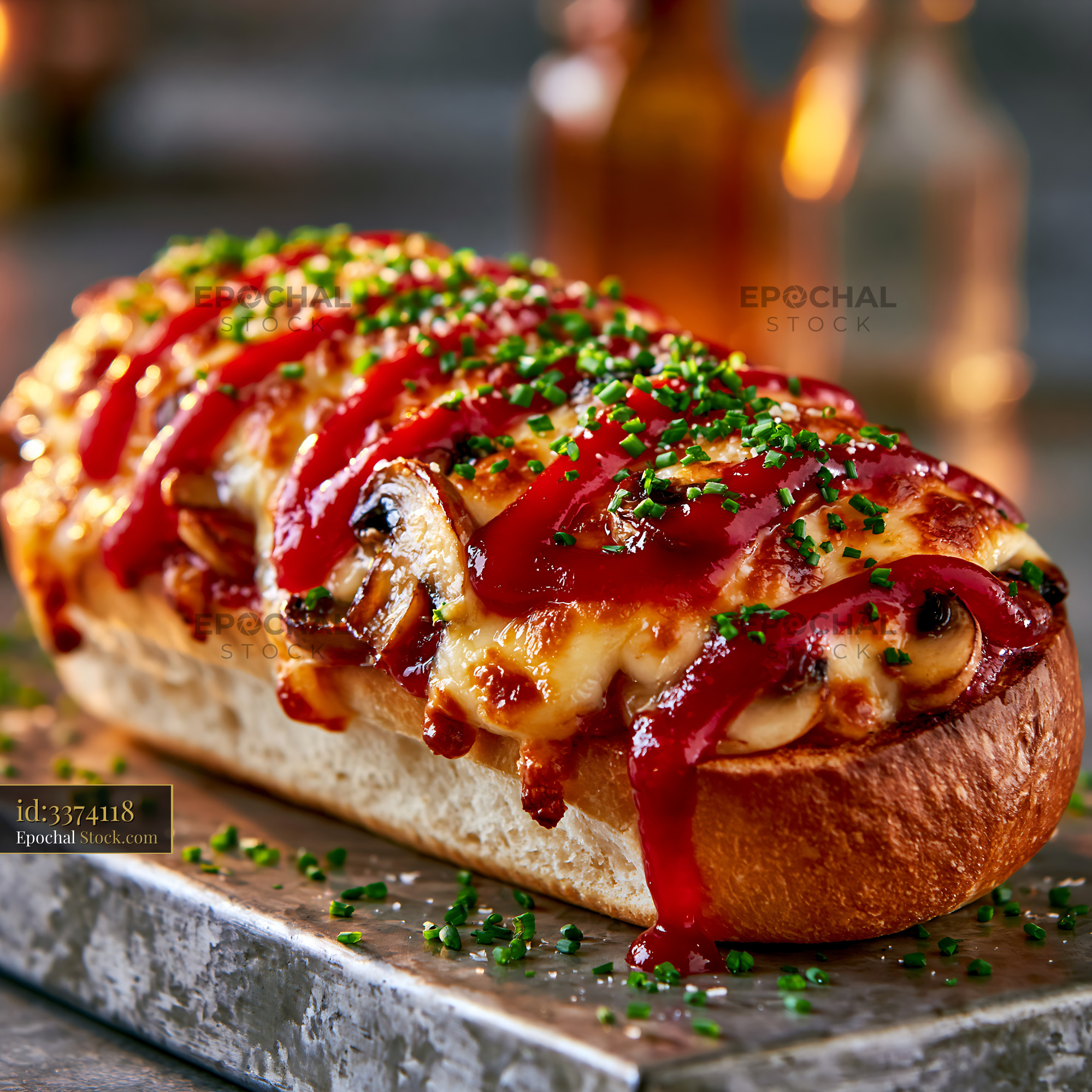 Zapiekanka pizza with melted cheese and mushrooms on crusty baguette - stock photo