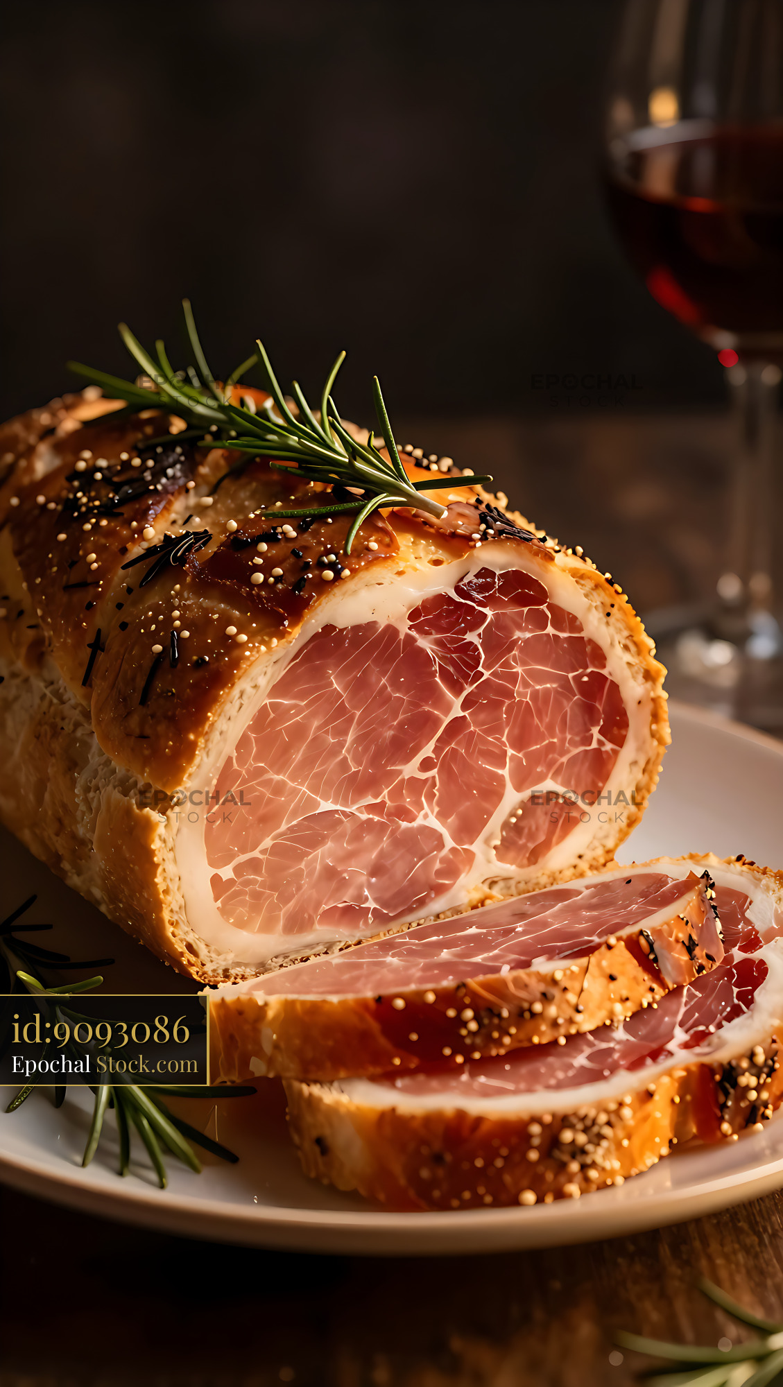 Traditional ham baked in bread crust with rosemary and red wine - stock photo