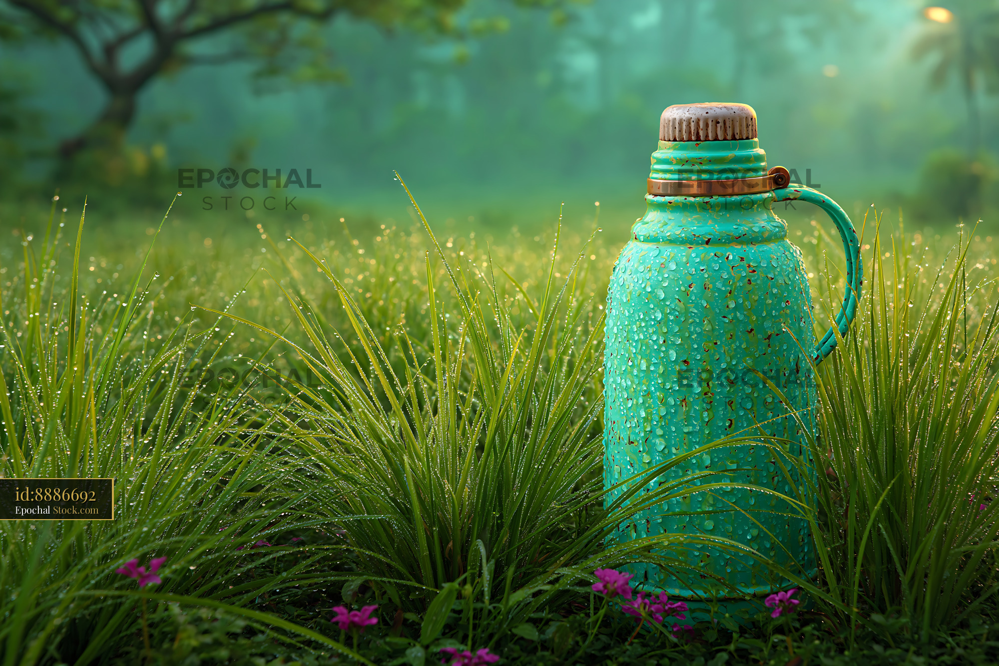 Vintage turquoise thermos in dew covered spring grass at dawn