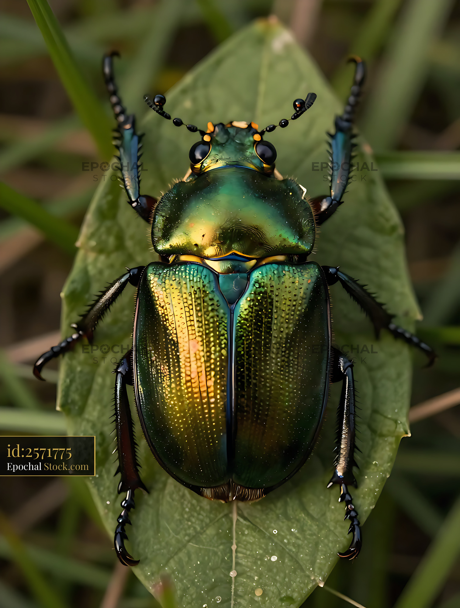 Frog-legged leaf beetle with iridescent green and gold shell on a leaf - stock photo