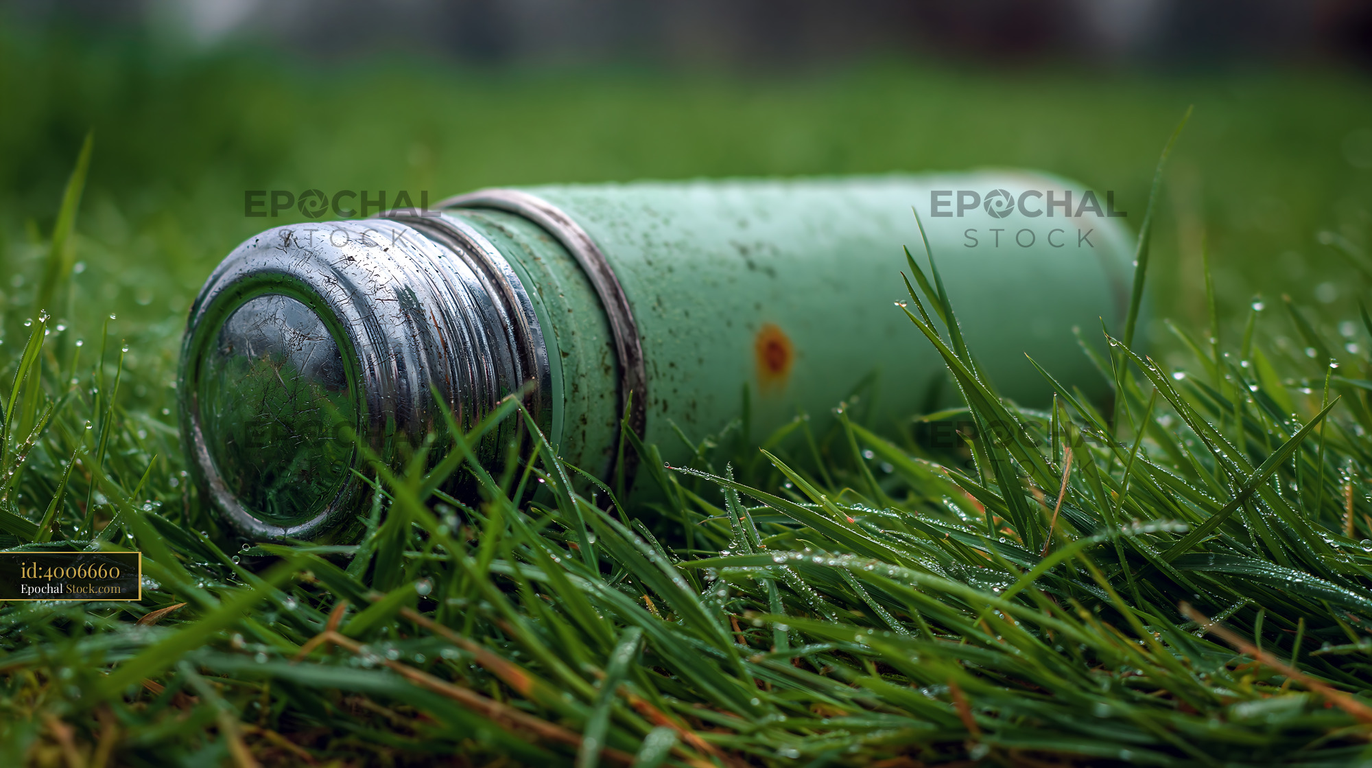 Weathered vintage thermos on green spring grass with morning dew