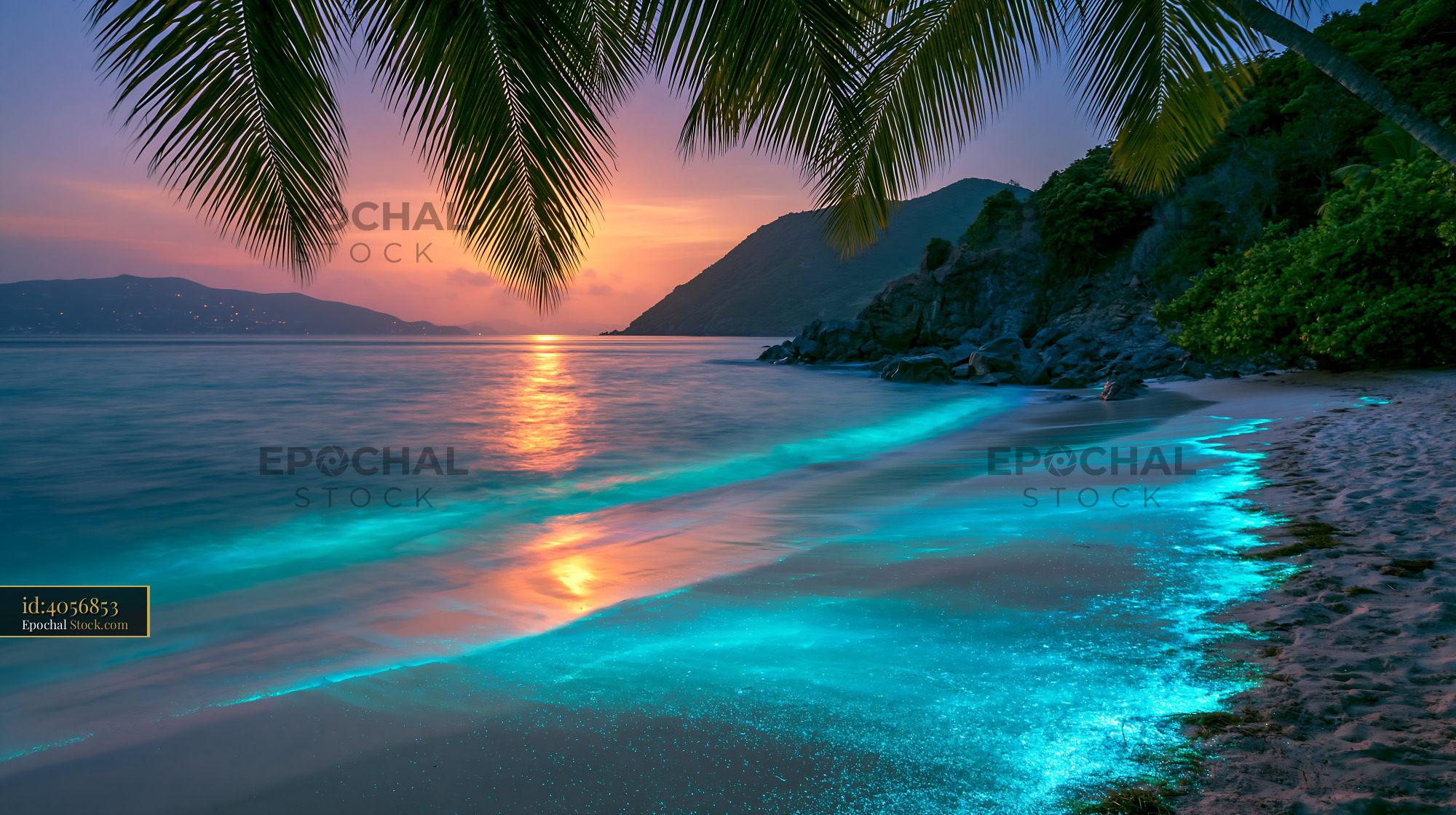 Bioluminescent waves glowing blue on a tropical beach at sunset - stock photo
