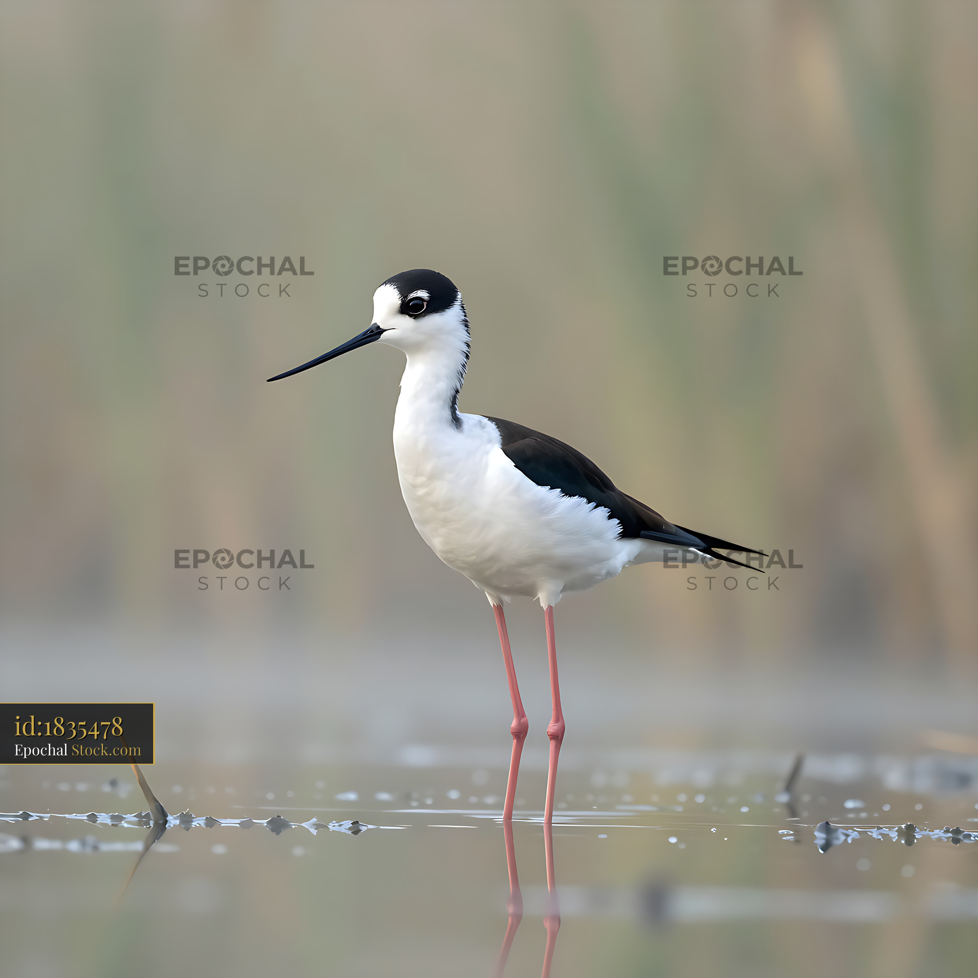 Black-necked stilt standing in shallow water during a misty morning - stock photo