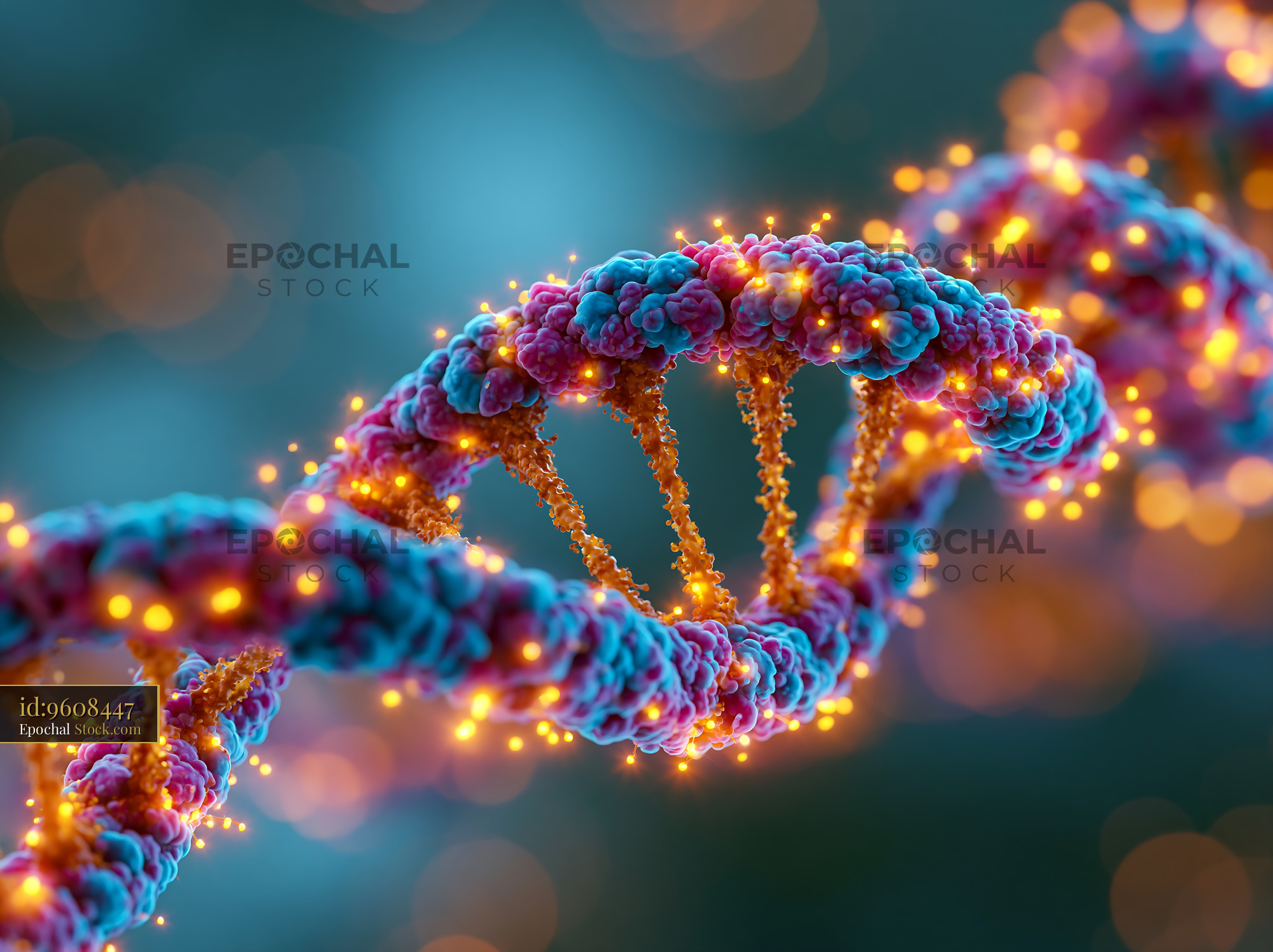 DNA double helix with polymerase proteins and glowing kinetic energy - stock photo