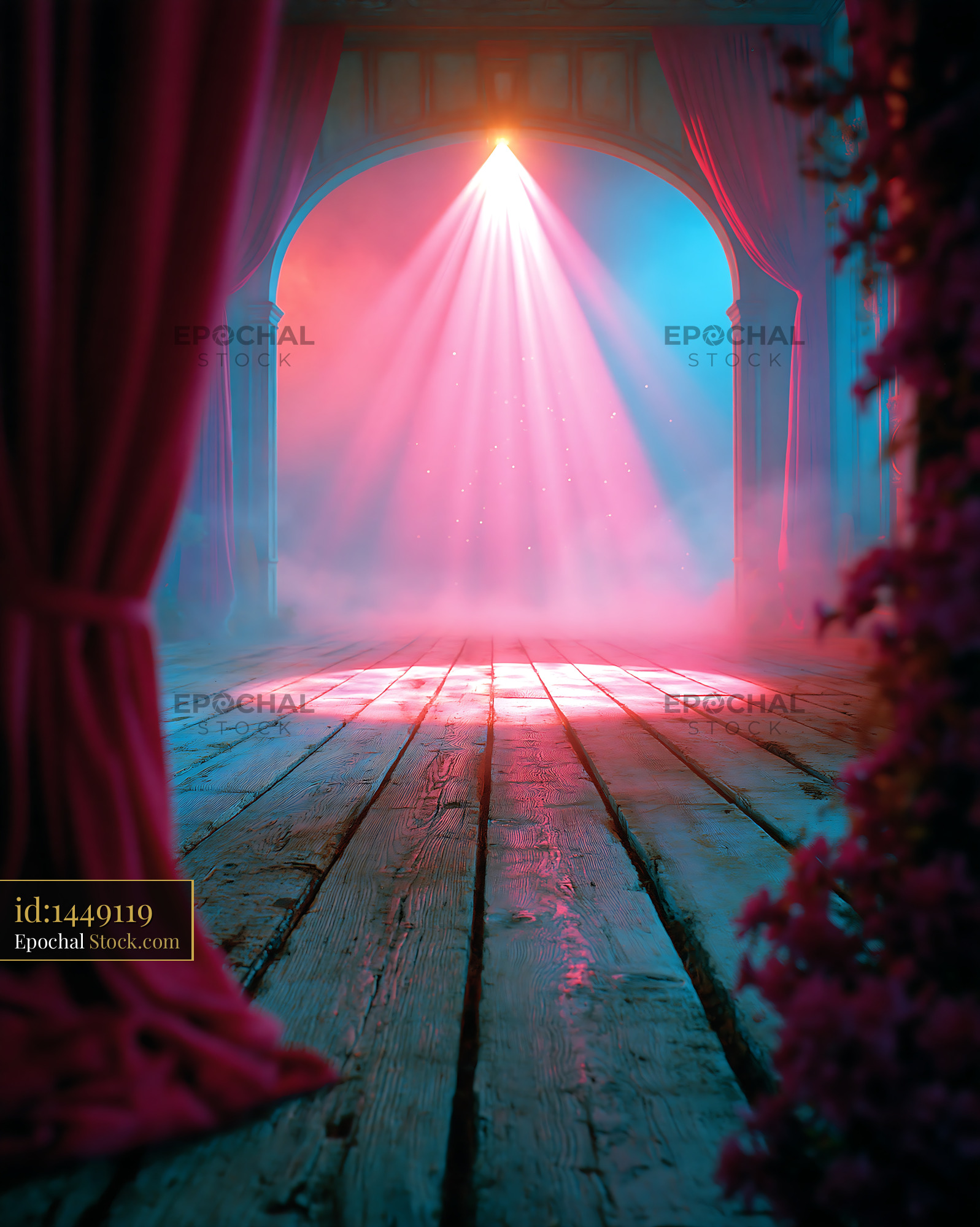 Empty wooden theater stage illuminated by a dramatic pink spotlight