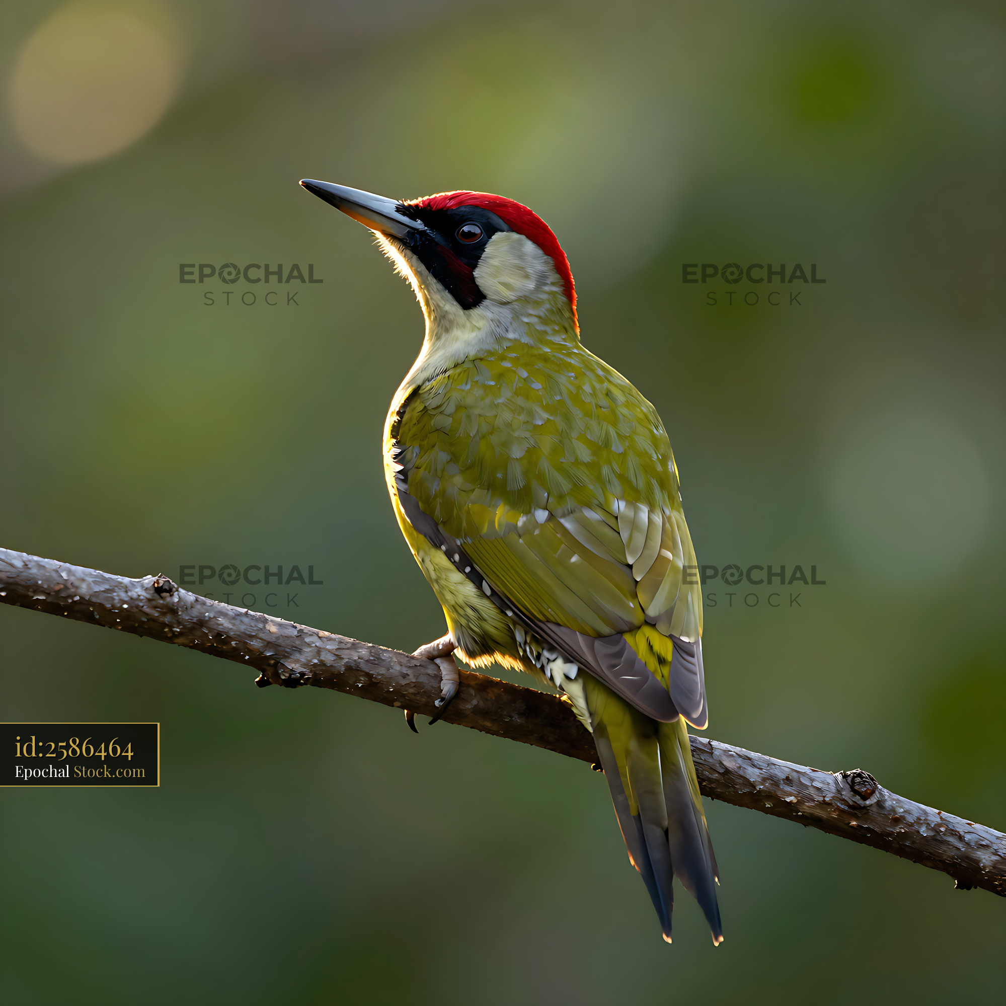 Green woodpecker with a red crown perched on a branch in golden light - stock photo