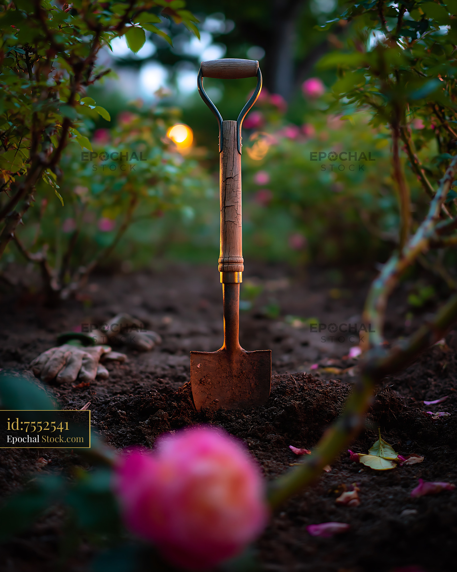 Garden spade in dark soil surrounded by blooming pink roses - stock photo