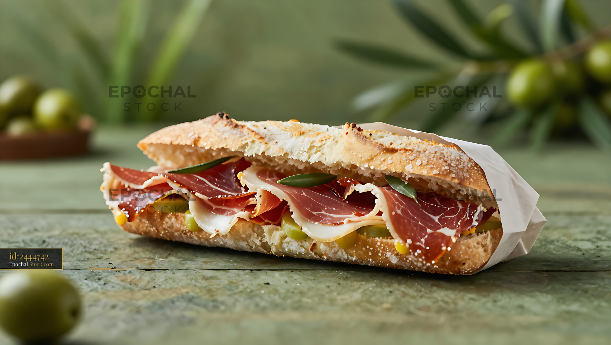 Crusty bocadillo de jamon serrano with green olives on rustic wood - stock photo