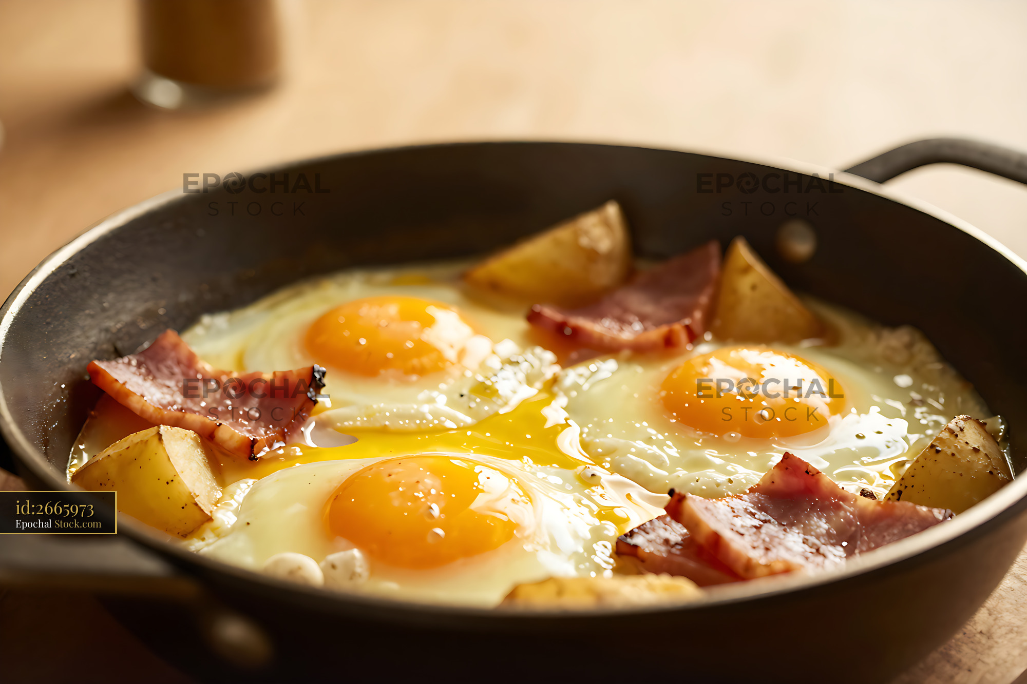 Huevos Rotos con Jamon served in a rustic cast iron pan - stock photo