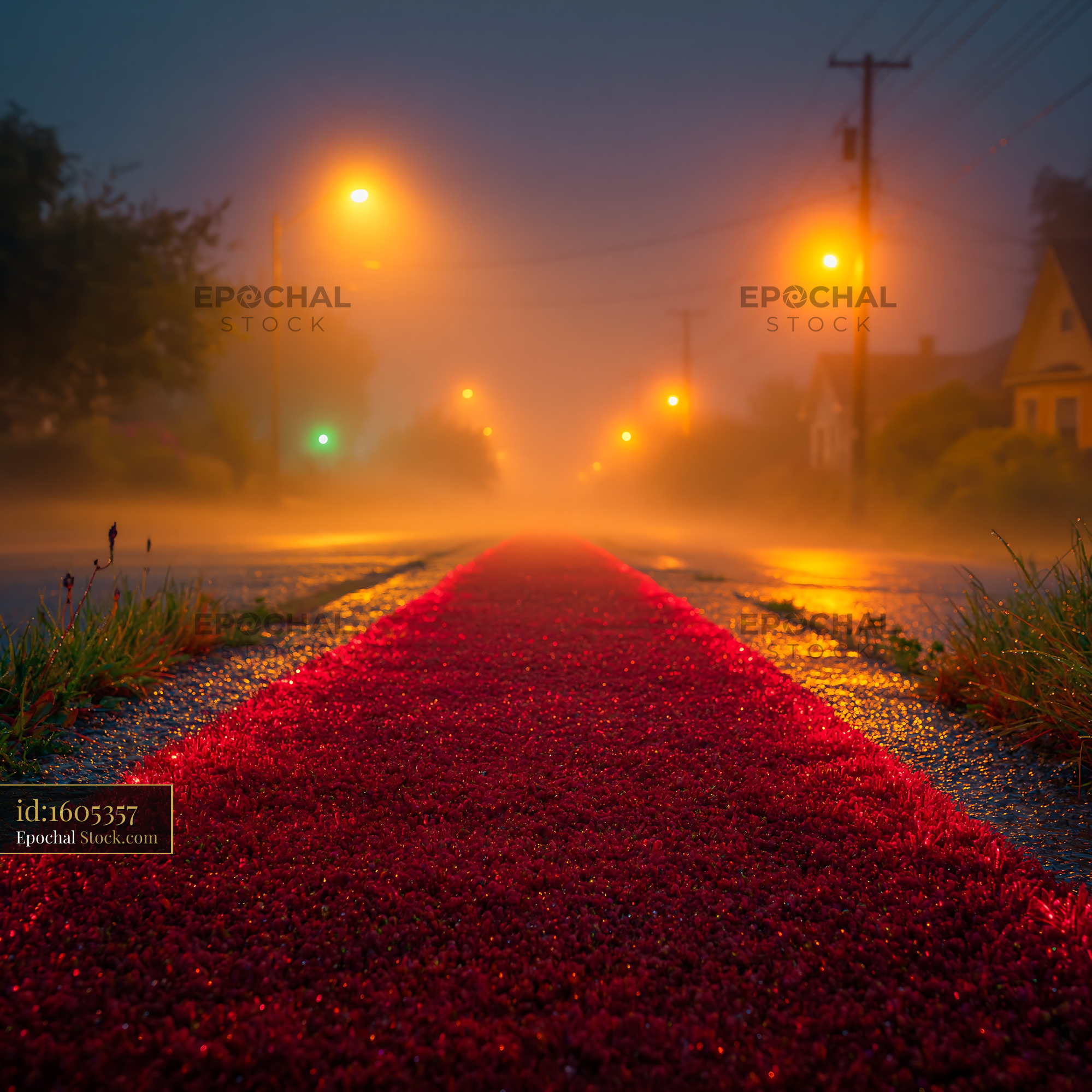 Red carpet on a foggy street at night under warm street lights - stock photo