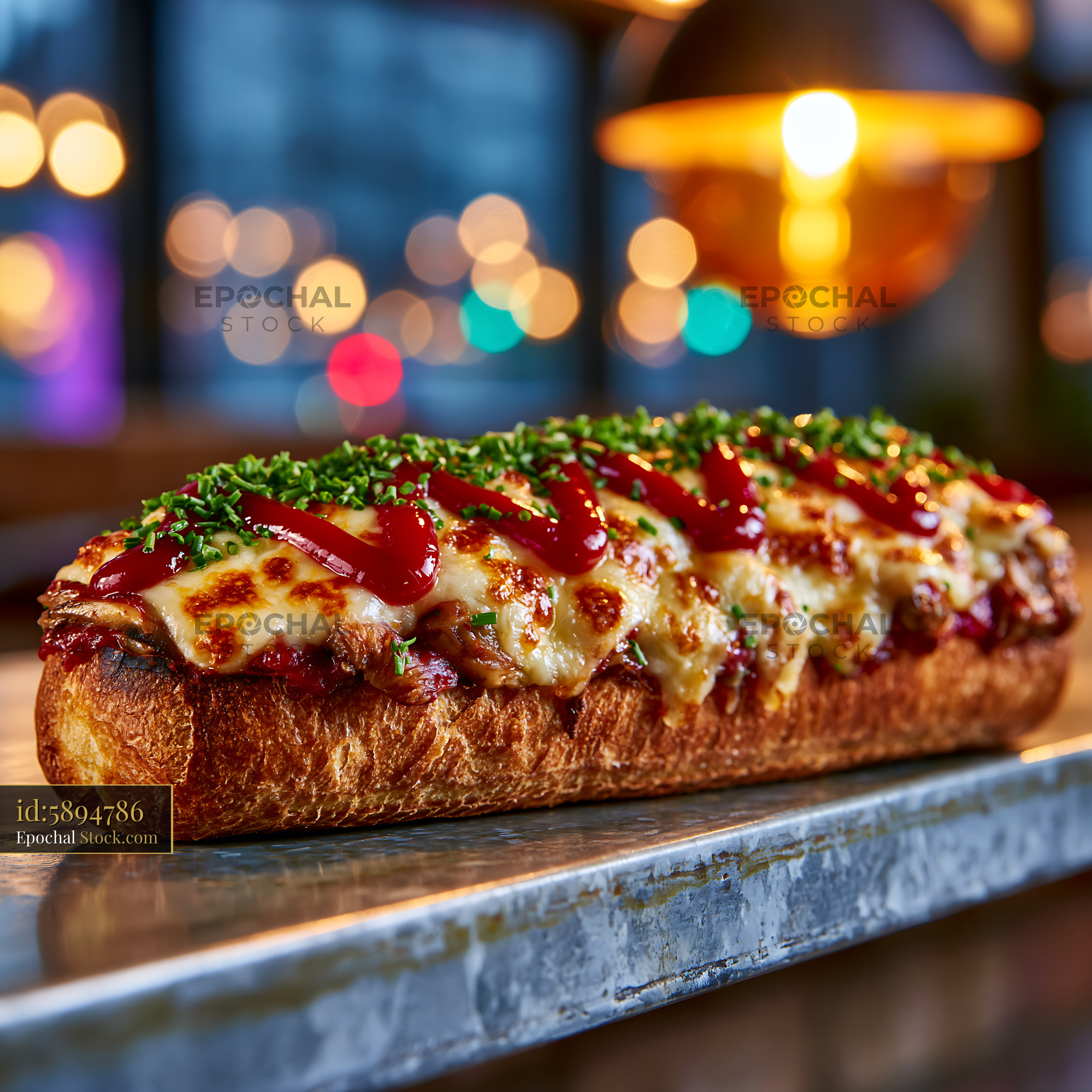 Zapiekanka pizza with melted cheese and fresh chives in a bistro - stock photo