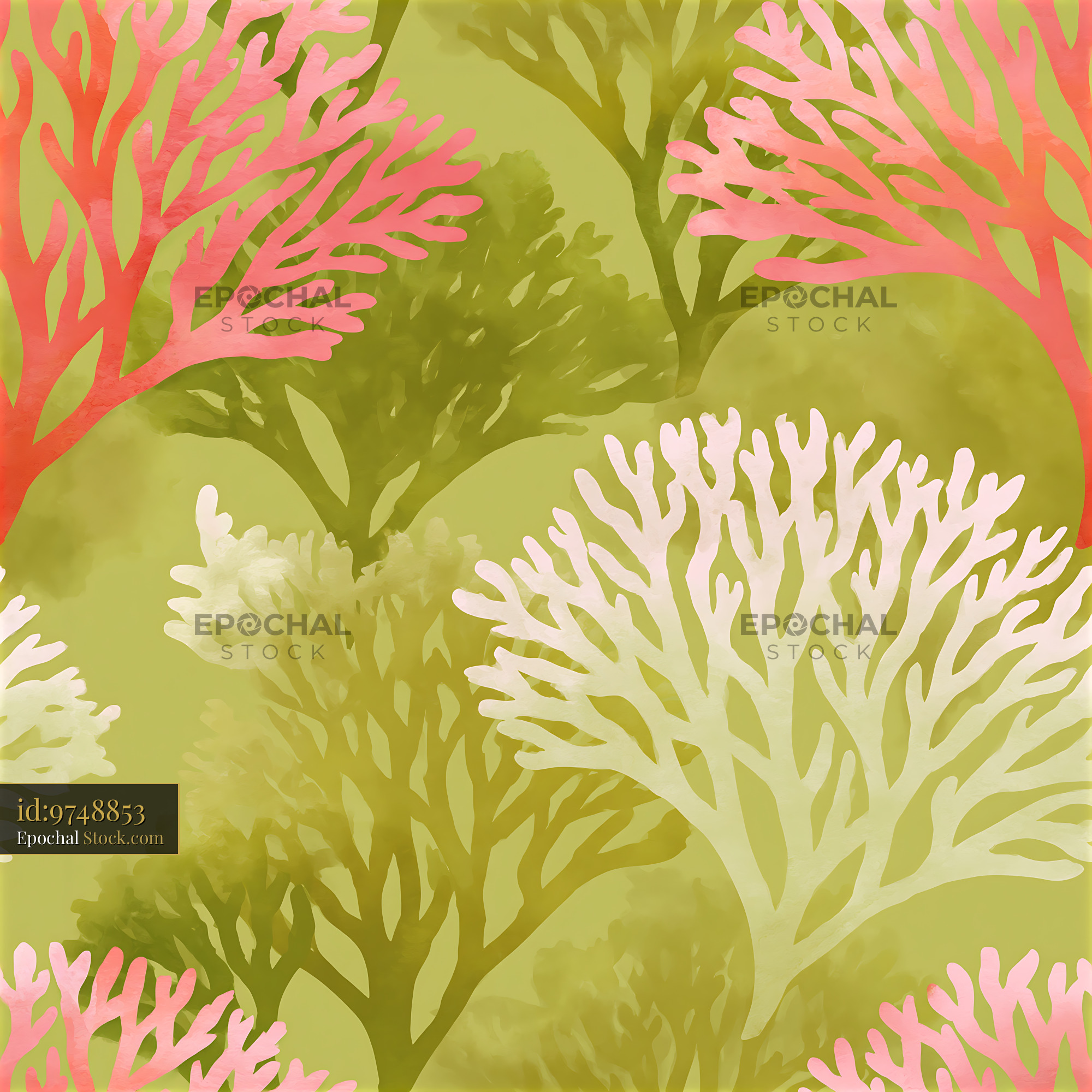 Coastal Watercolor Coral Branches in Sage Green - stock photo