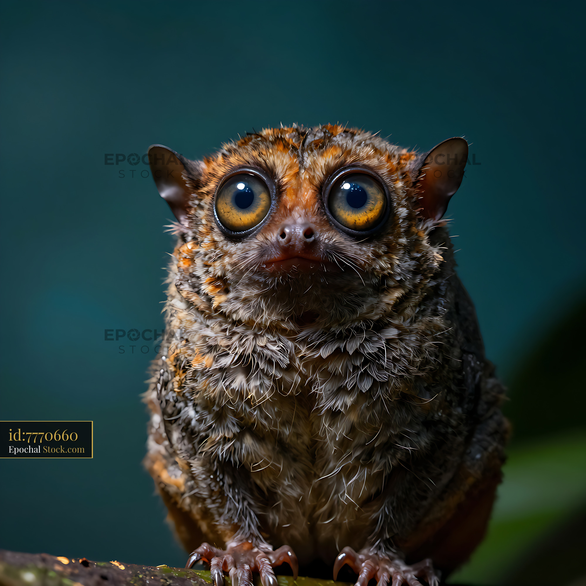 Close up of a tarsier with large expressive eyes on a branch - stock photo