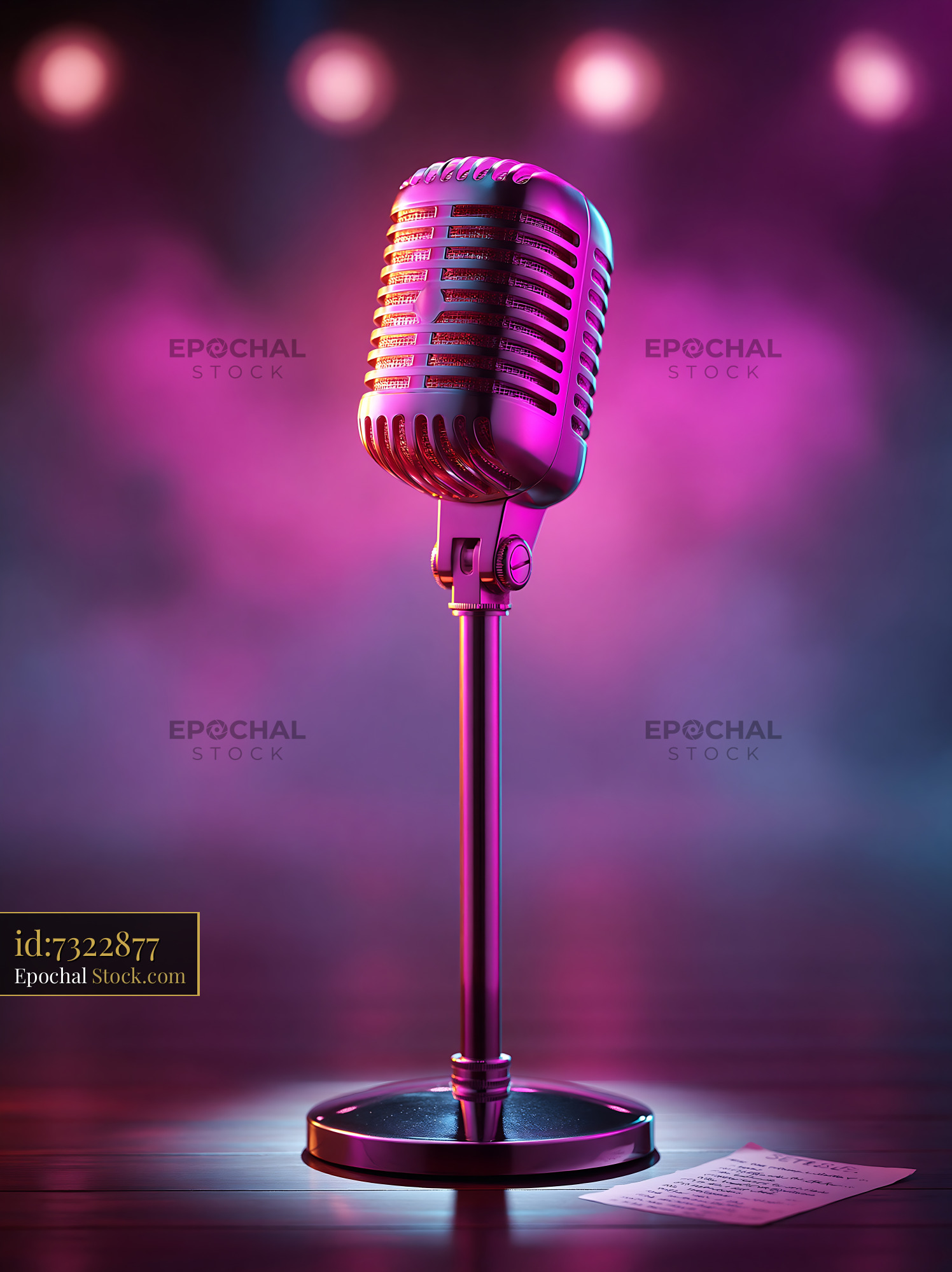 Vintage chrome microphone on a theater stage with pink neon lights - stock photo
