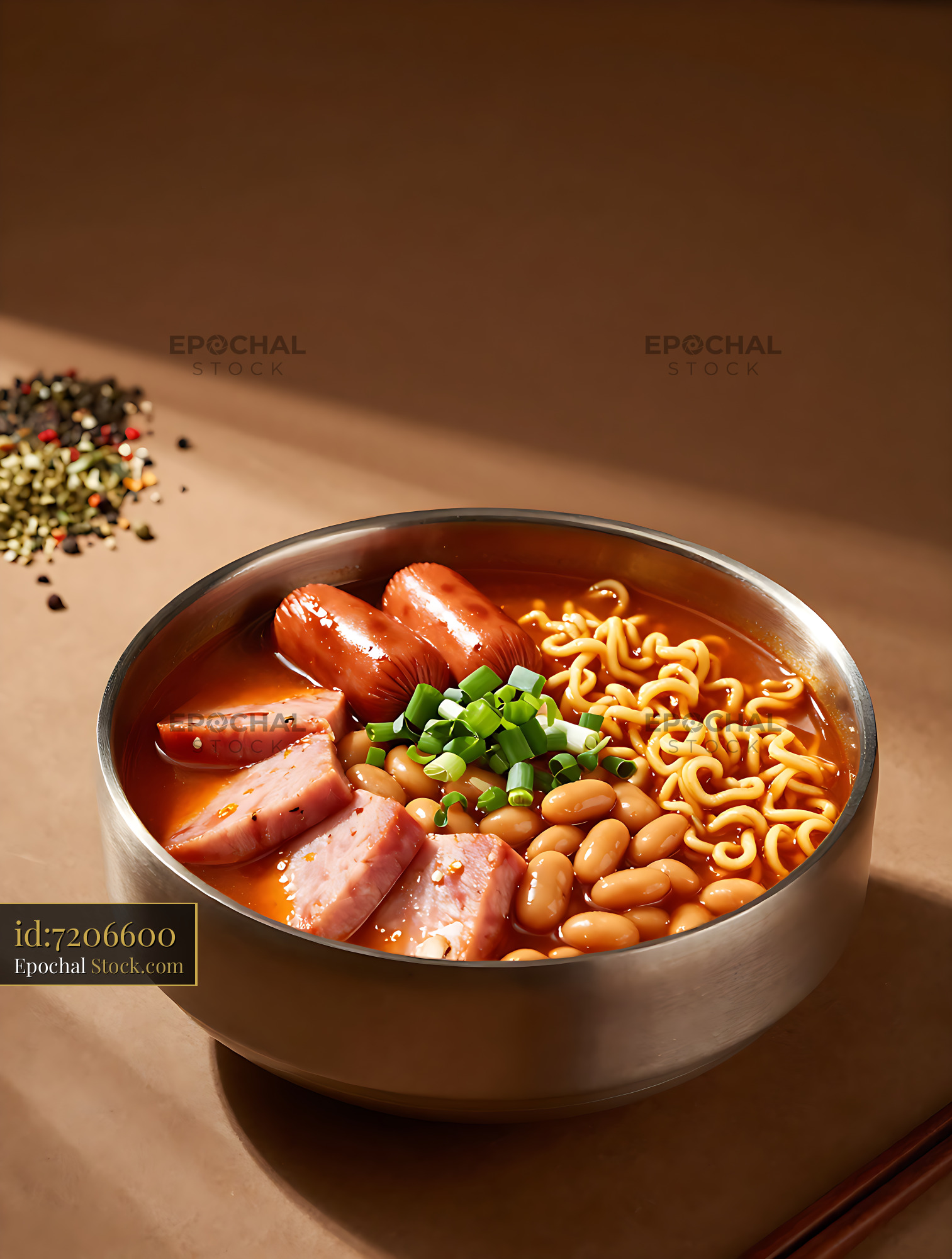 Spicy Korean army base stew with ham and sausages in a metal bowl - stock photo