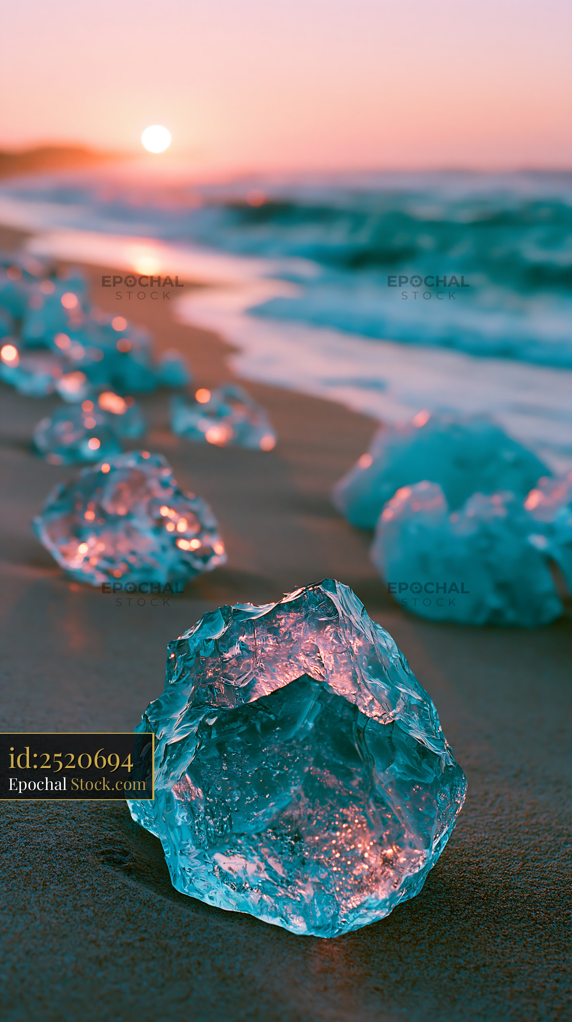 Glacial ice fragments glowing on a sandy beach during sunset - stock photo