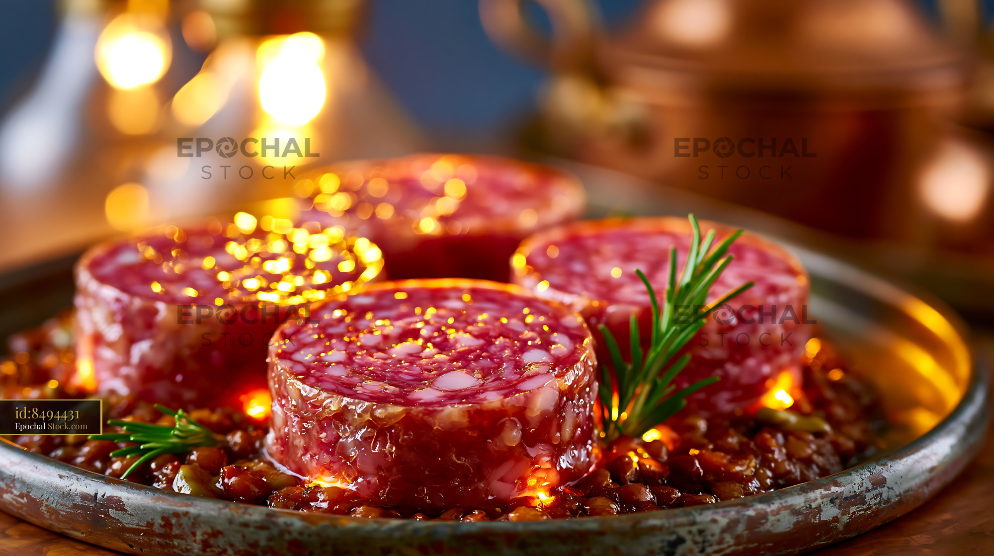 Slices of cotechino modena meat on lentils for Italian New Year - stock photo