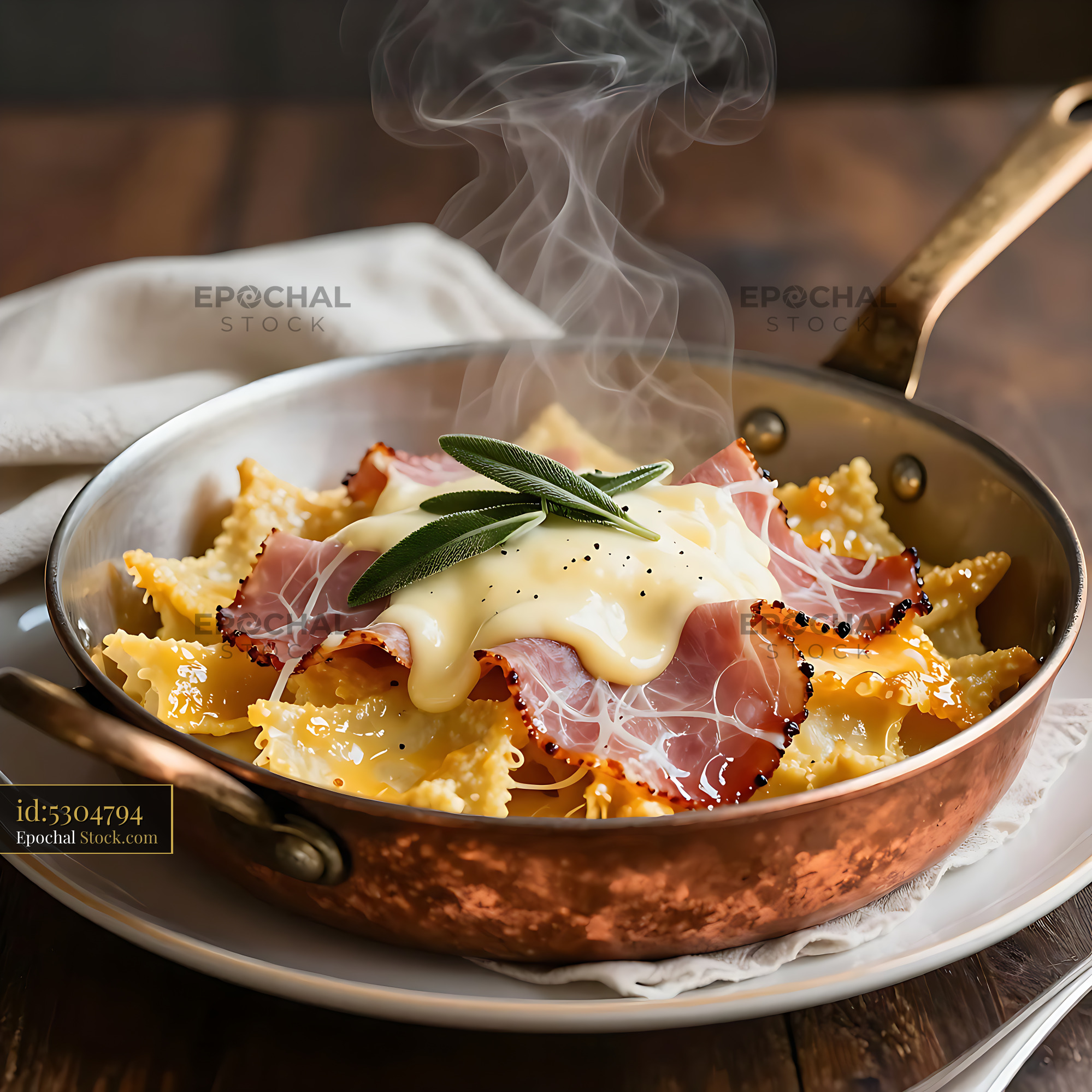 Steaming Kaesknoepfle with ham and creamy cheese sauce in a copper pan - stock photo