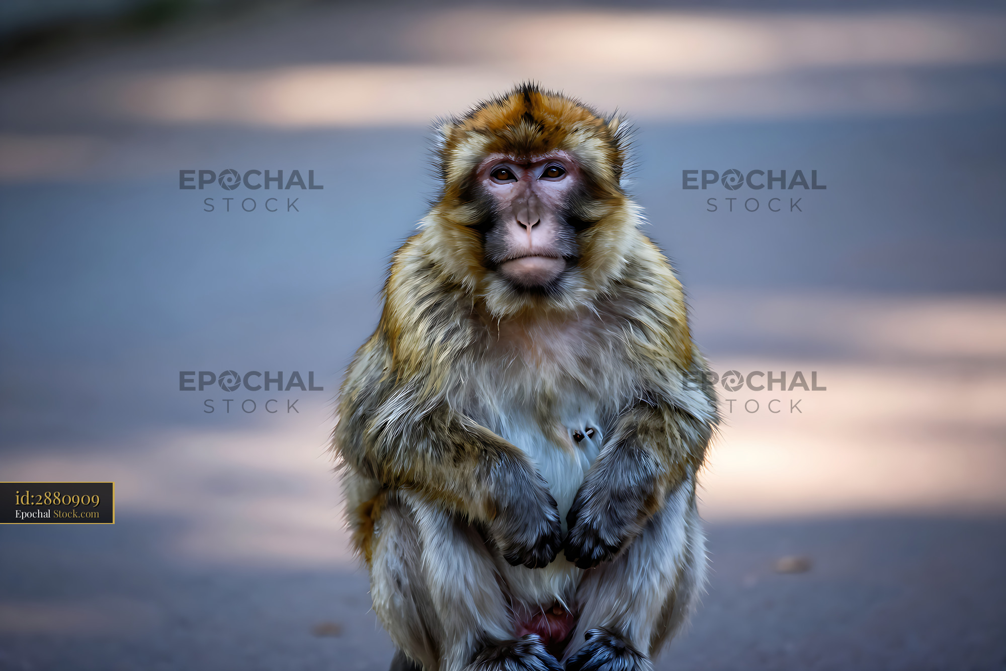 Barbary macaque sitting and looking at the camera with a thoughtful ex - stock photo