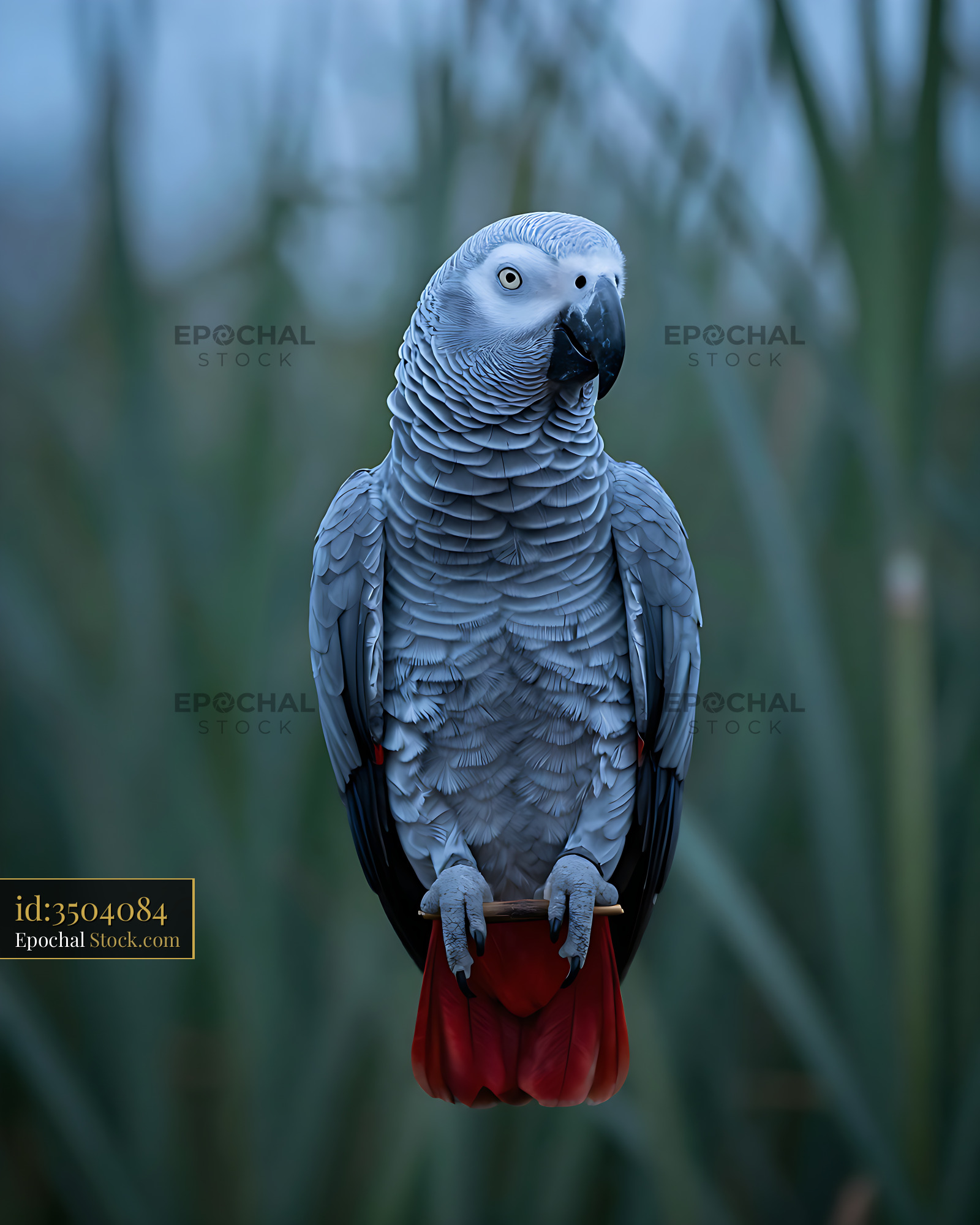 African grey parrot with red tail feathers perching on a branch - stock photo
