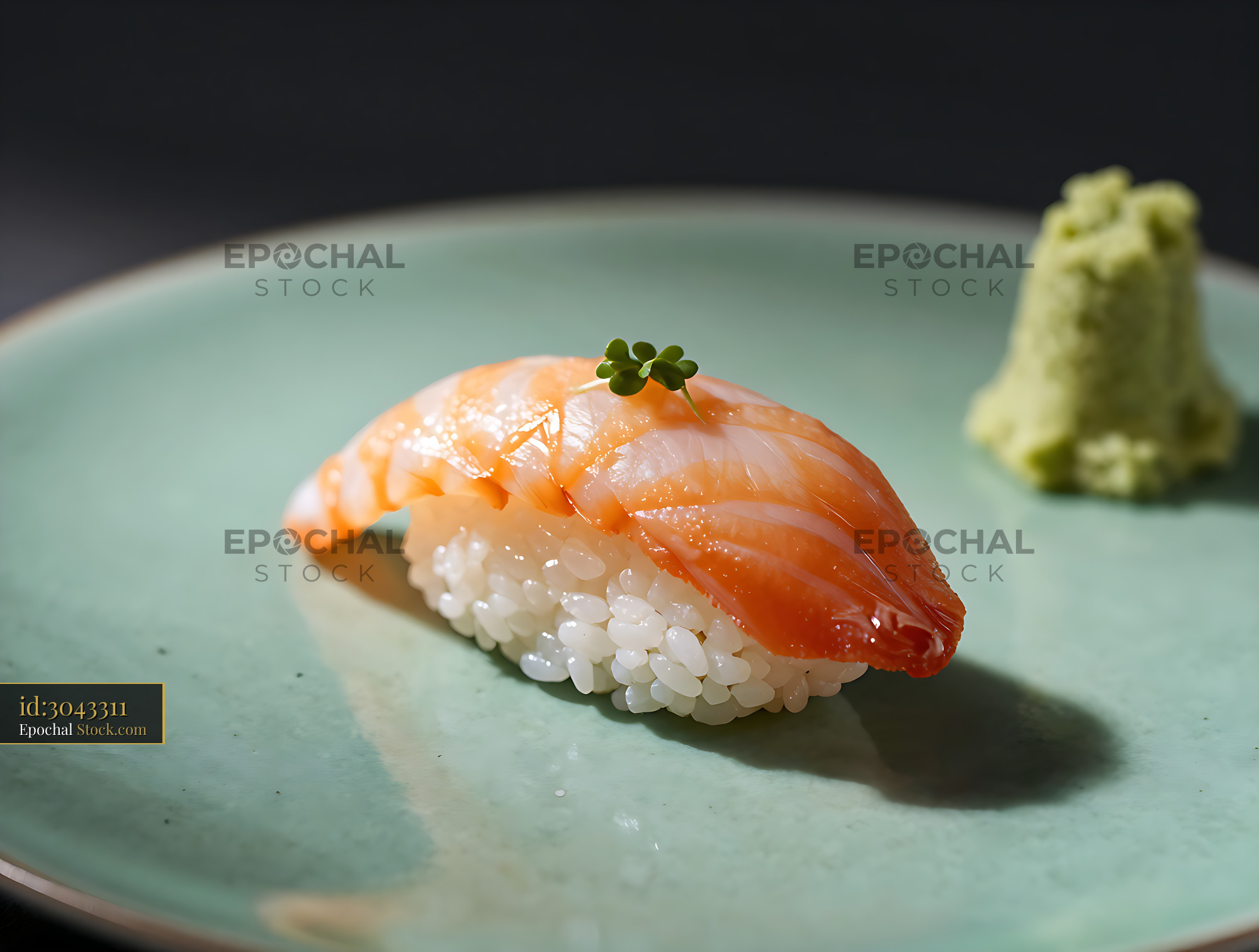 Hokkigai nigiri sushi with surf clam on a green ceramic plate - stock photo
