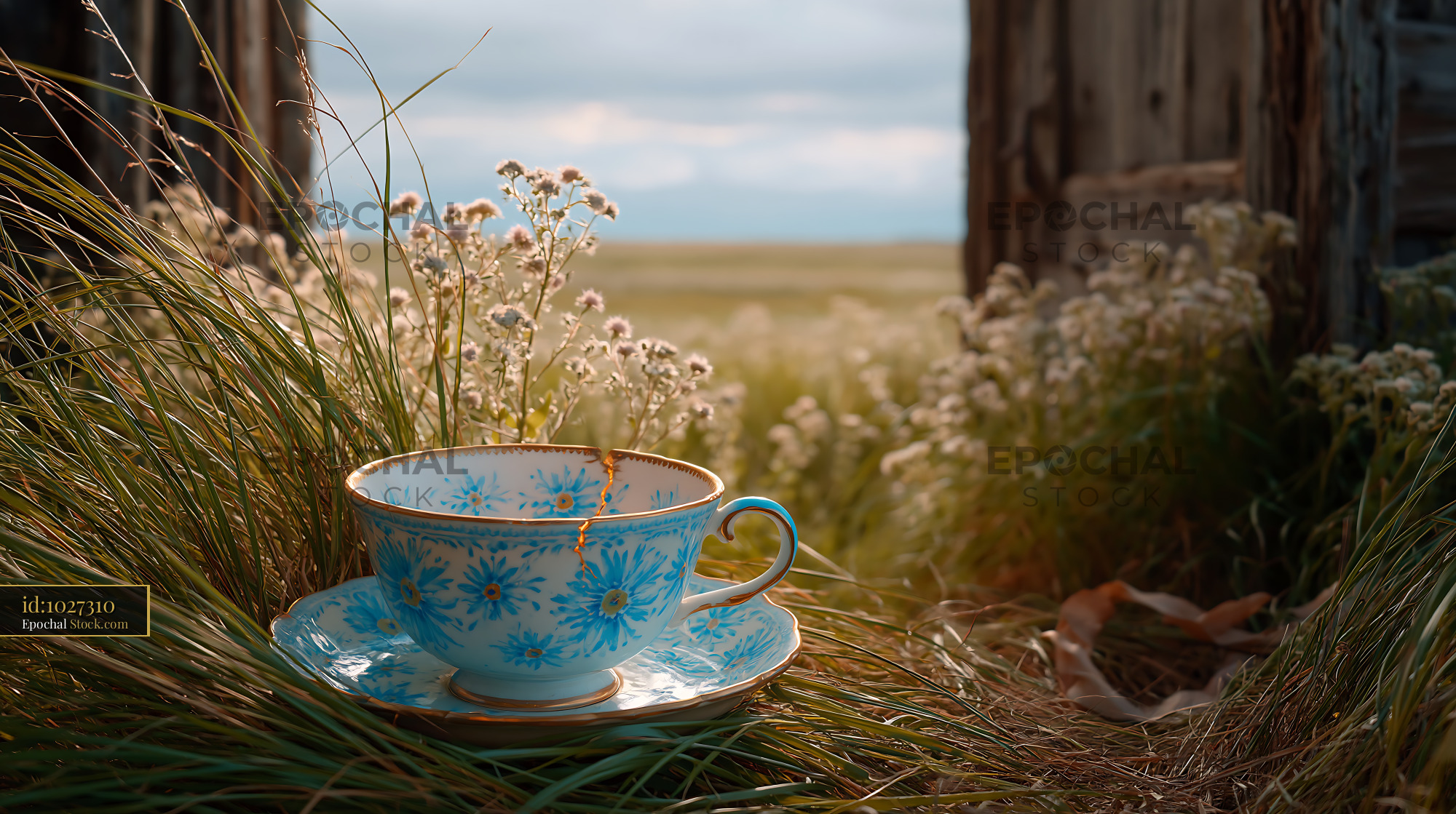 Vintage blue floral teacup with a crack sitting in a sunny meadow