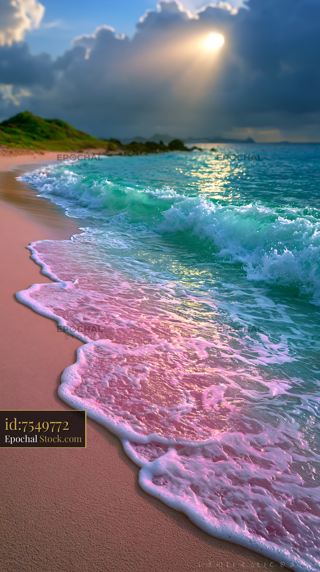 Turquoise ocean waves with pink foam on a tropical beach at sunset - stock photo