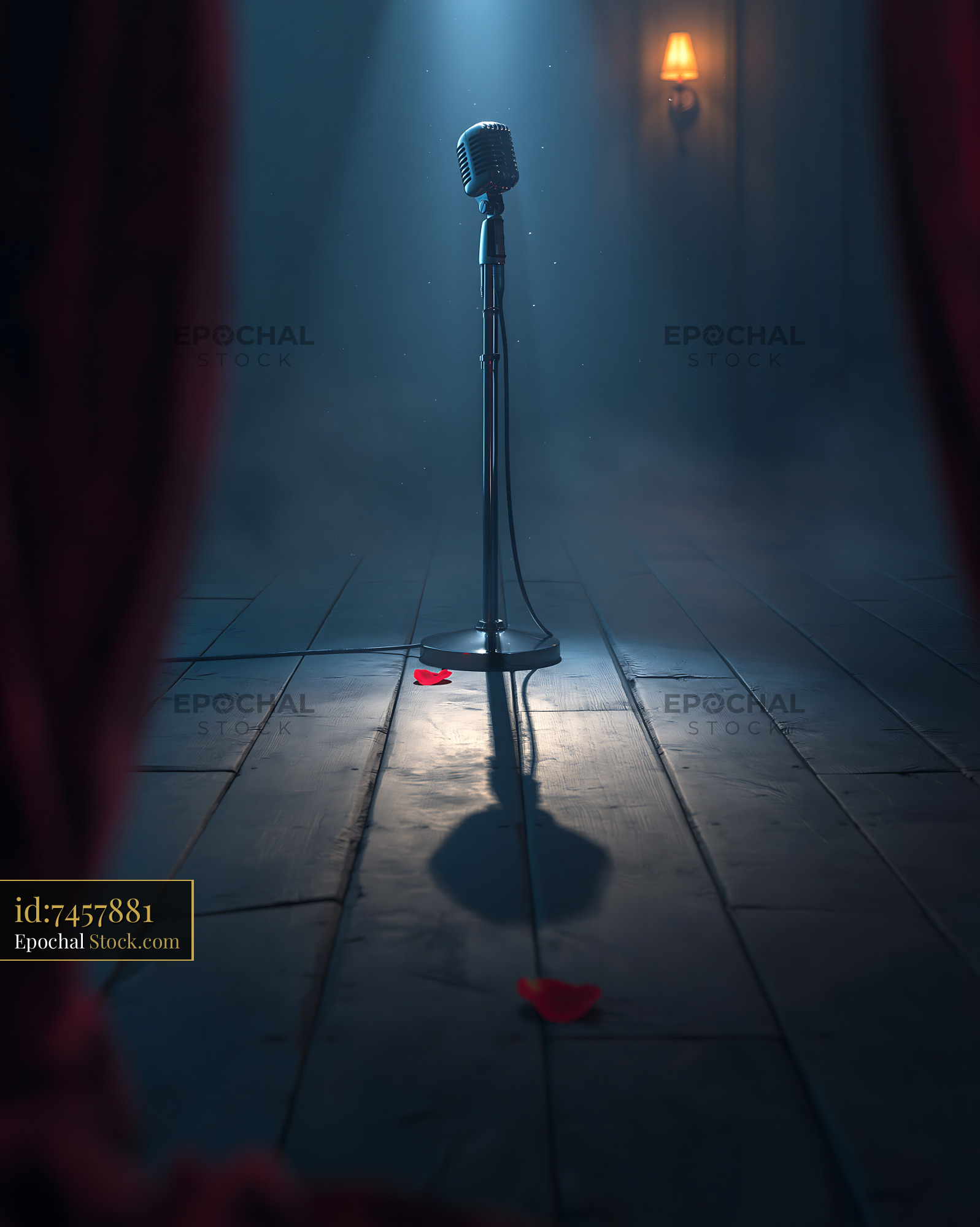 Vintage microphone on a dark stage with spotlight and rose petals