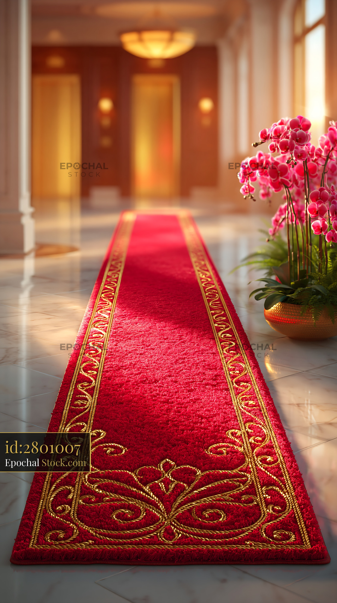 Ornate red carpet in a bright luxury hotel lobby with orchids - stock photo