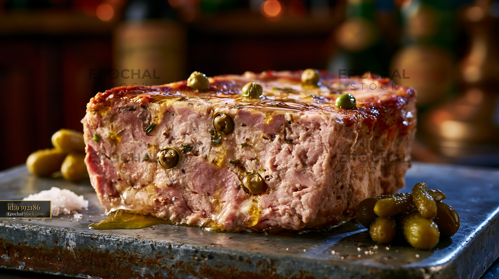 Traditional French pate de campagne meat with capers and cornichons - stock photo