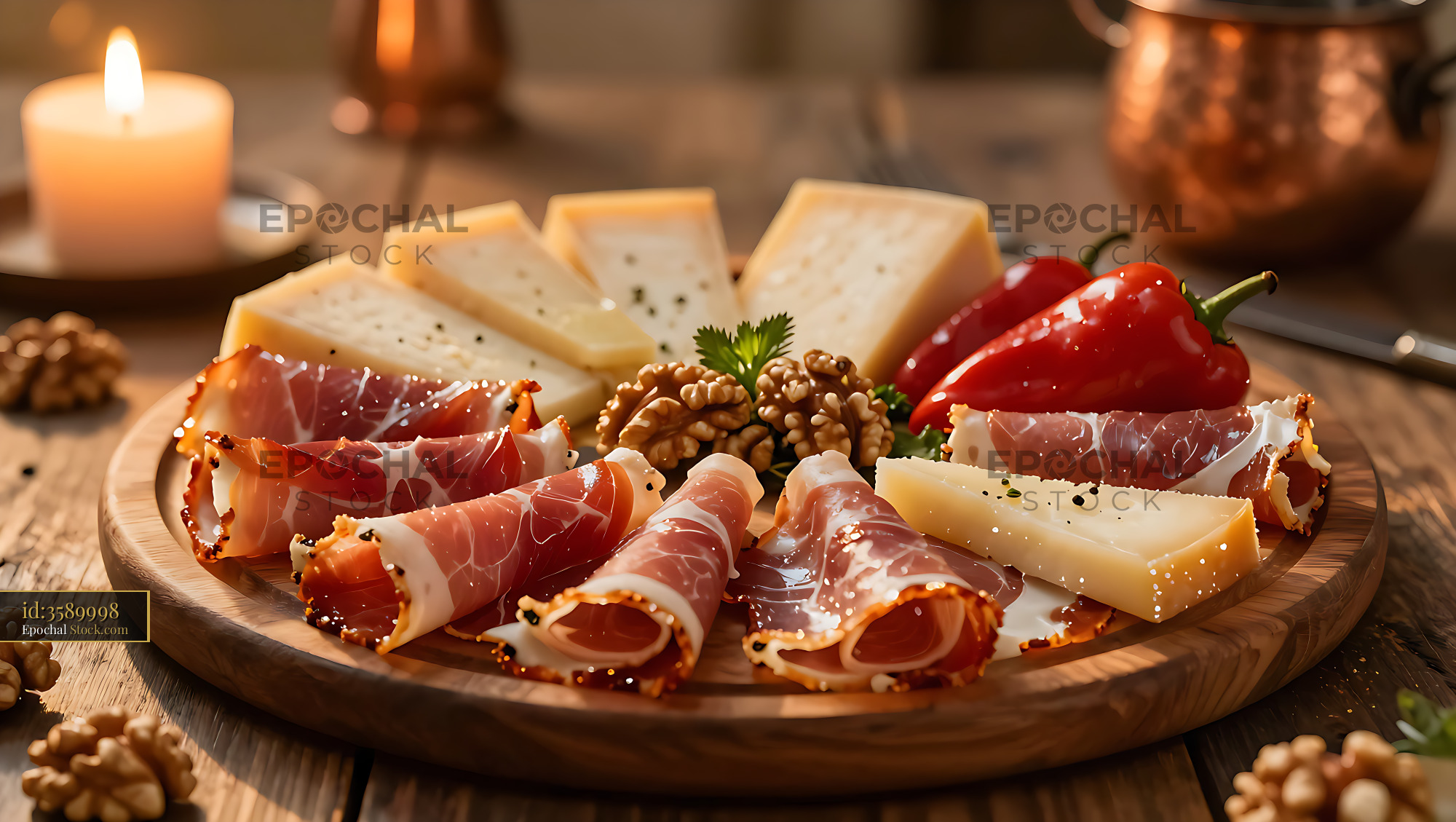 Traditional Romanian mezel platter with smoked ham and cheese - stock photo