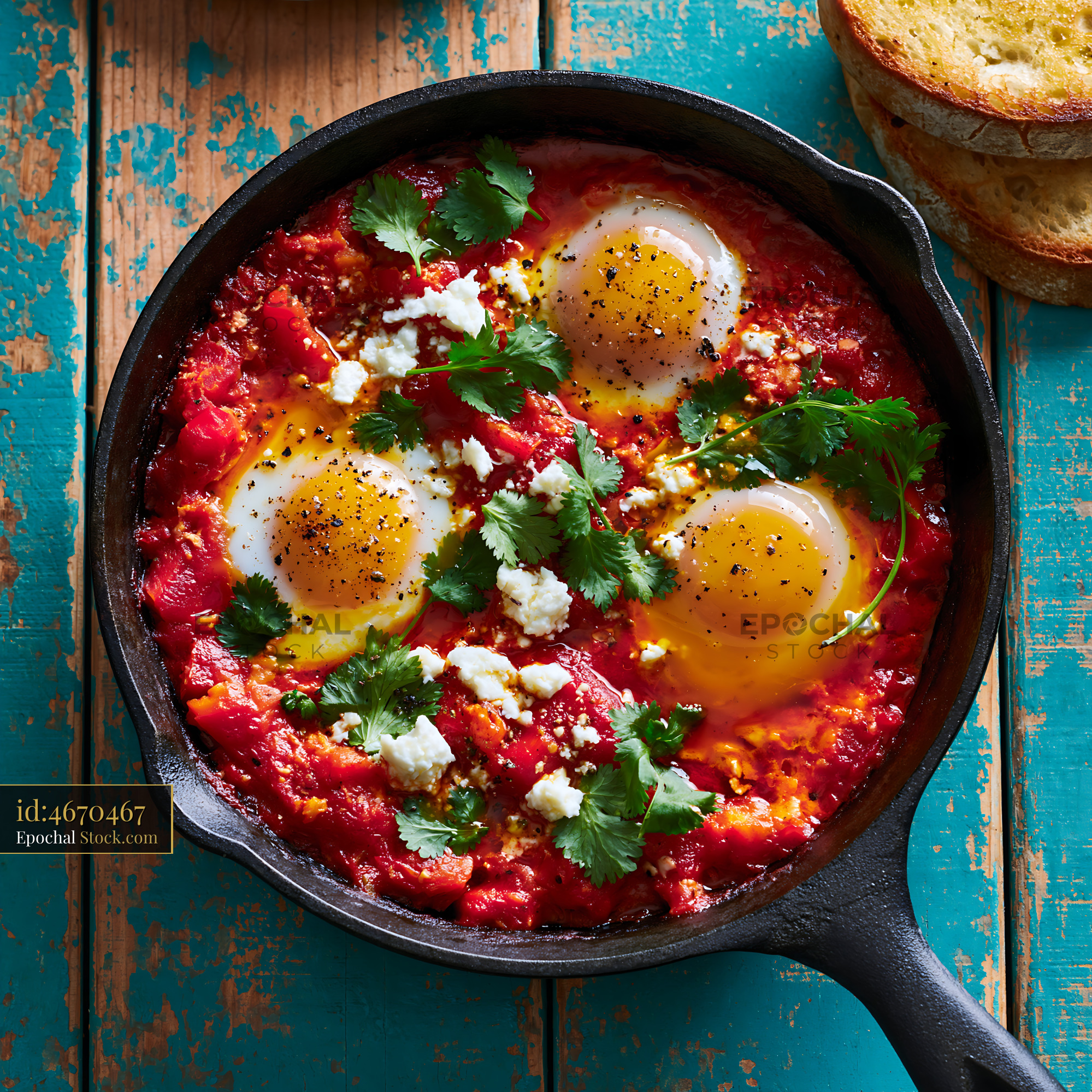 Shakshuka with poached eggs and feta in a cast iron skillet - stock photo