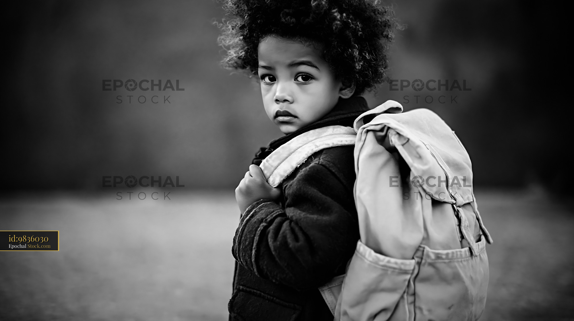 Young Black boy with curly hair wearing an oversized backpack - stock photo