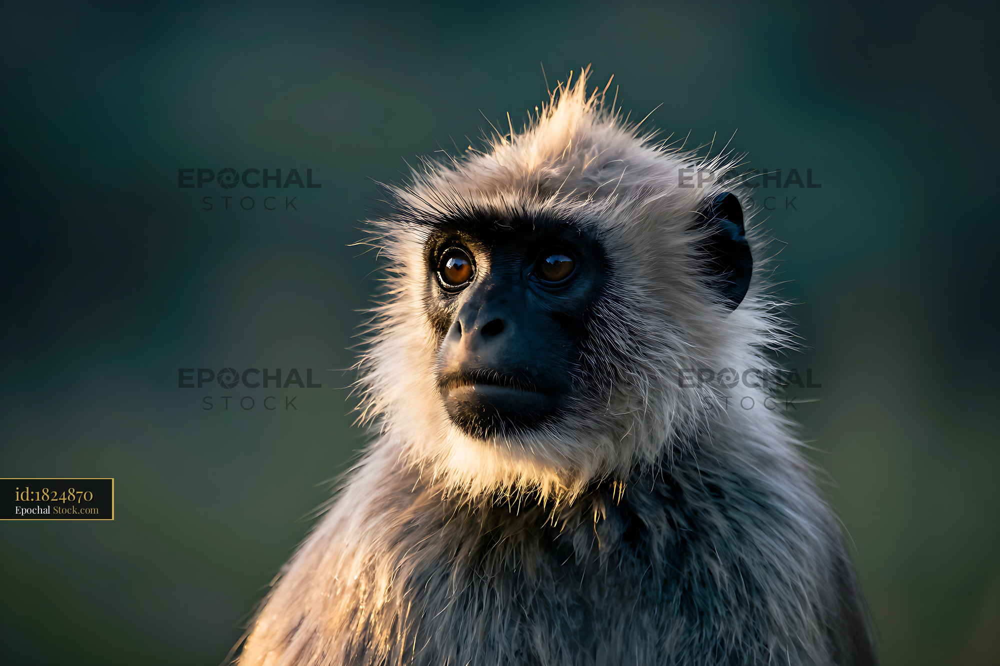 Majestic gray langur primate looking away in soft golden light - stock photo