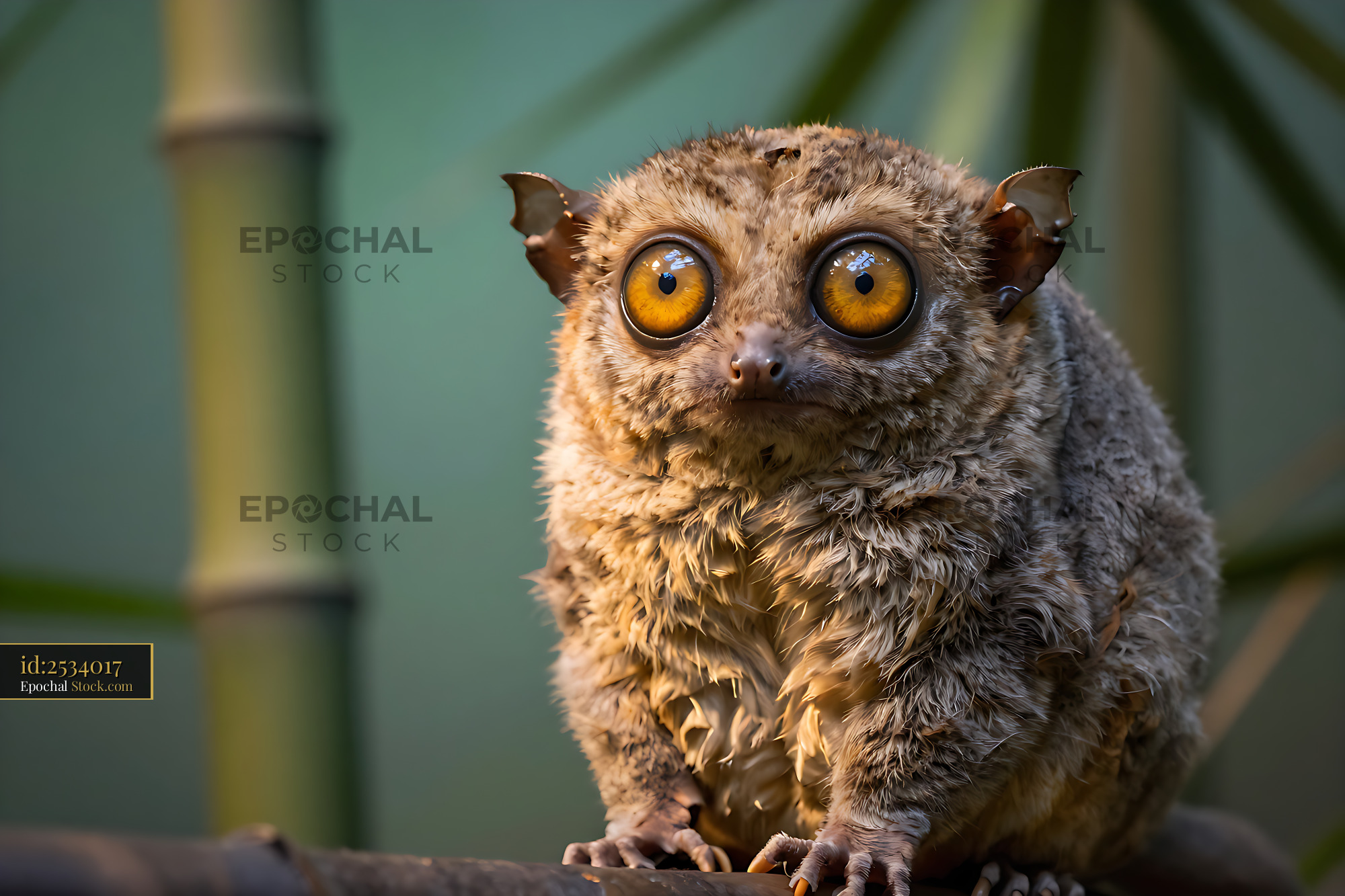Philippine tarsier with large golden eyes on a bamboo branch - stock photo