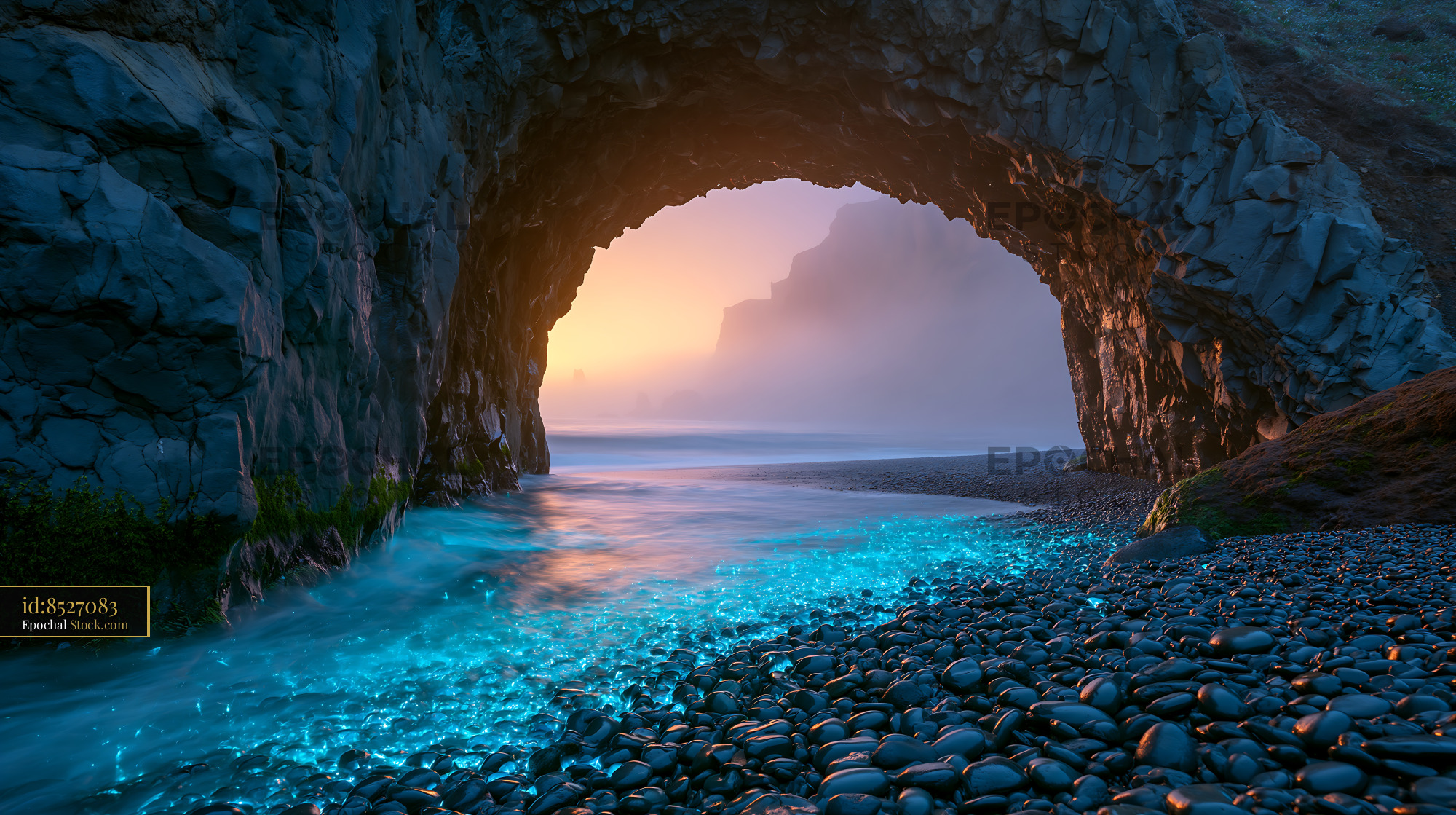 Magical coastal cave with glowing blue water on a black pebble beach - stock photo