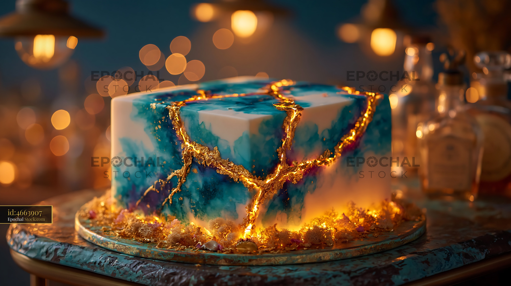 Elegant square kintsugi cake with blue marbling and glowing gold veins - stock photo