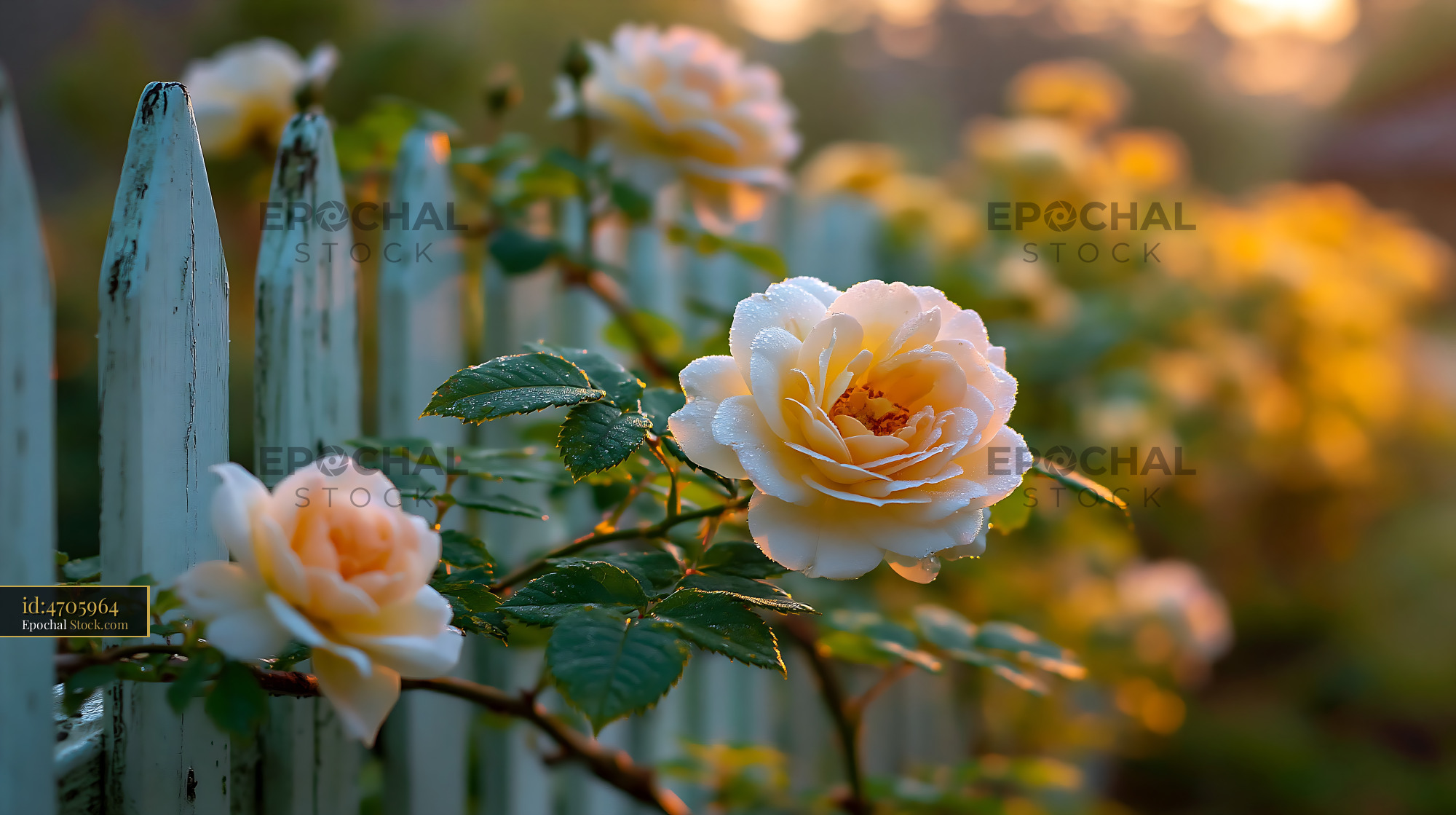 Pale yellow roses with dew drops on white picket fence at sunset - stock photo