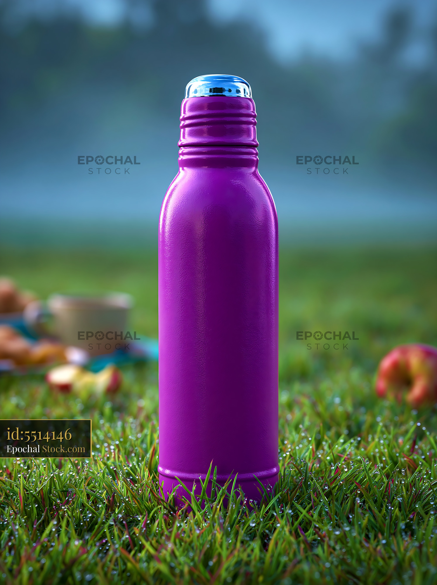 Purple vintage thermos on fresh spring grass at dawn
