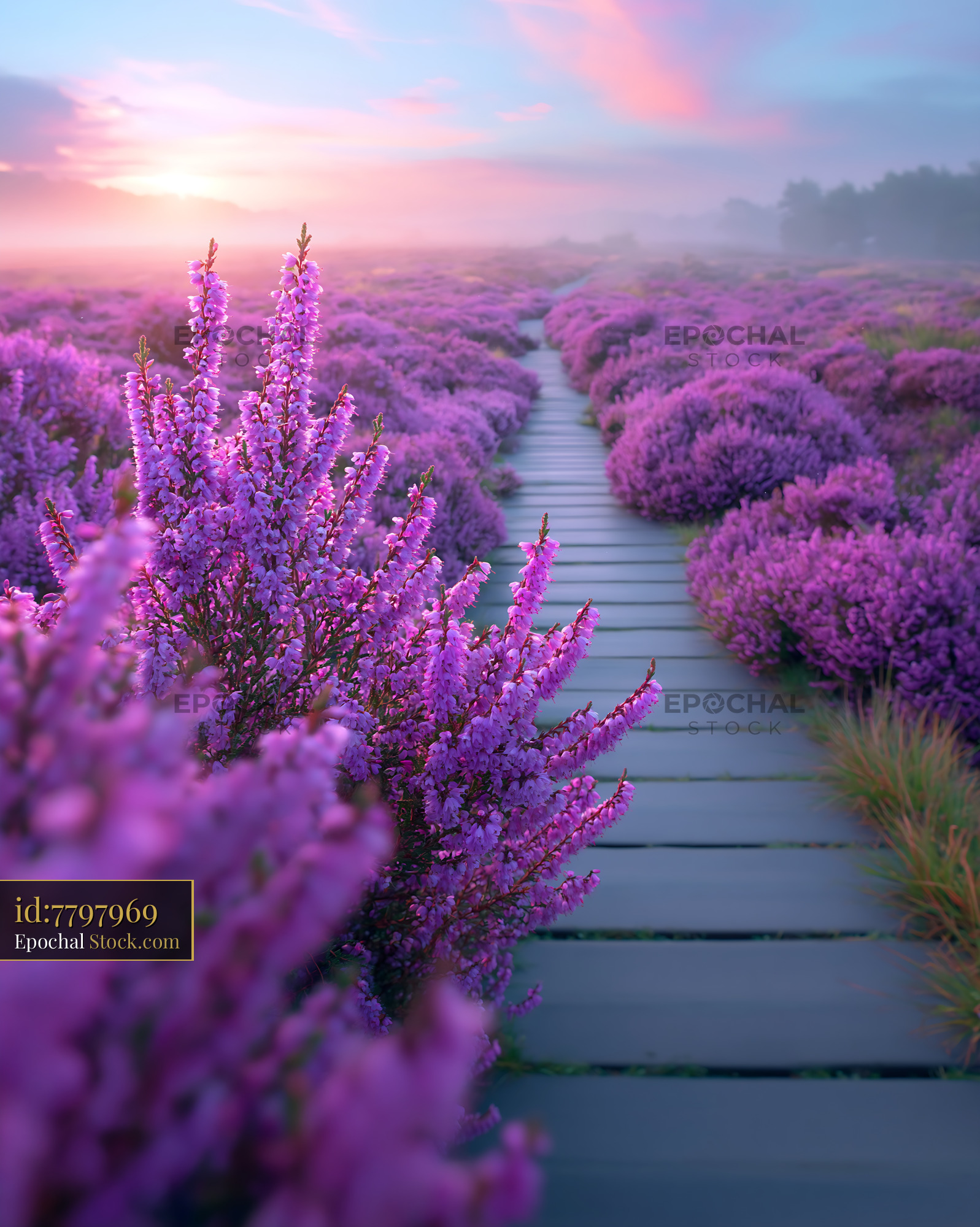 Field of blooming heather along a wooden boardwalk at sunrise - stock photo