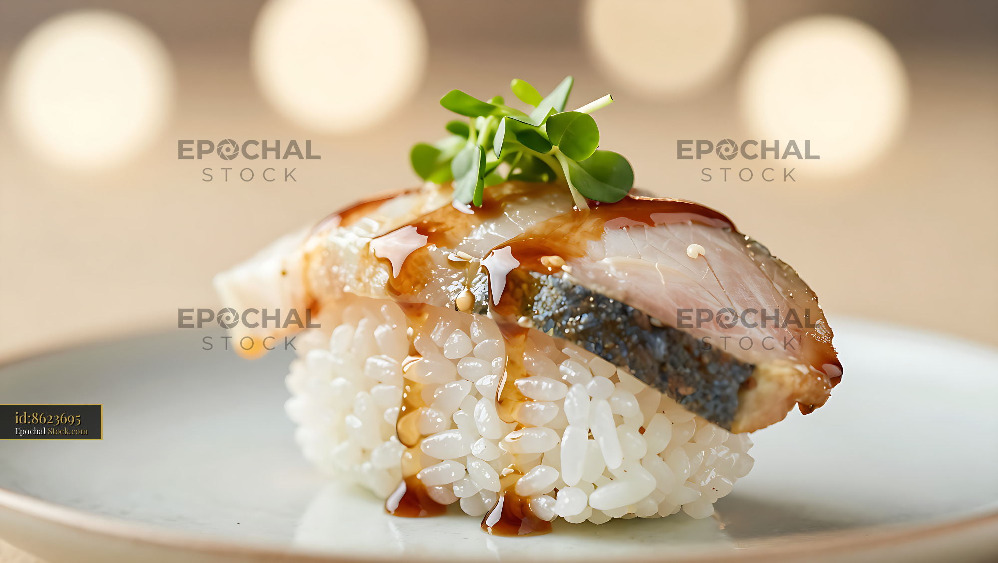 Gourmet kakuni inari sushi with rich glaze and fresh microgreens - stock photo