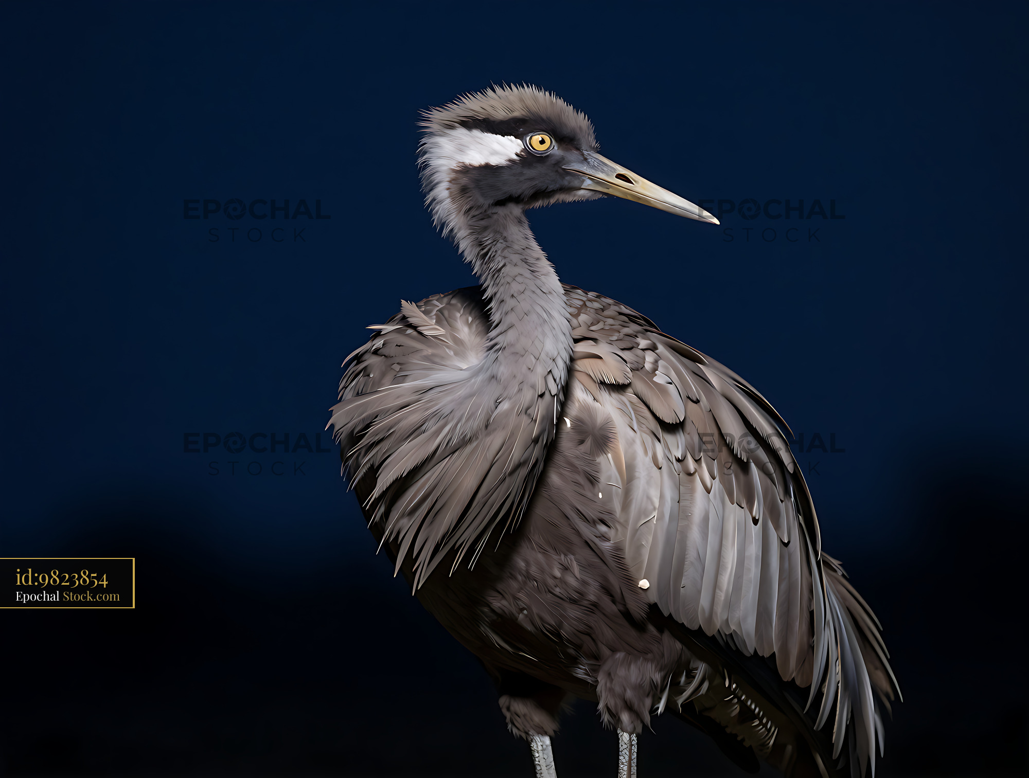 Blue crane standing with elegant plumage against a dark blue backgroun - stock photo