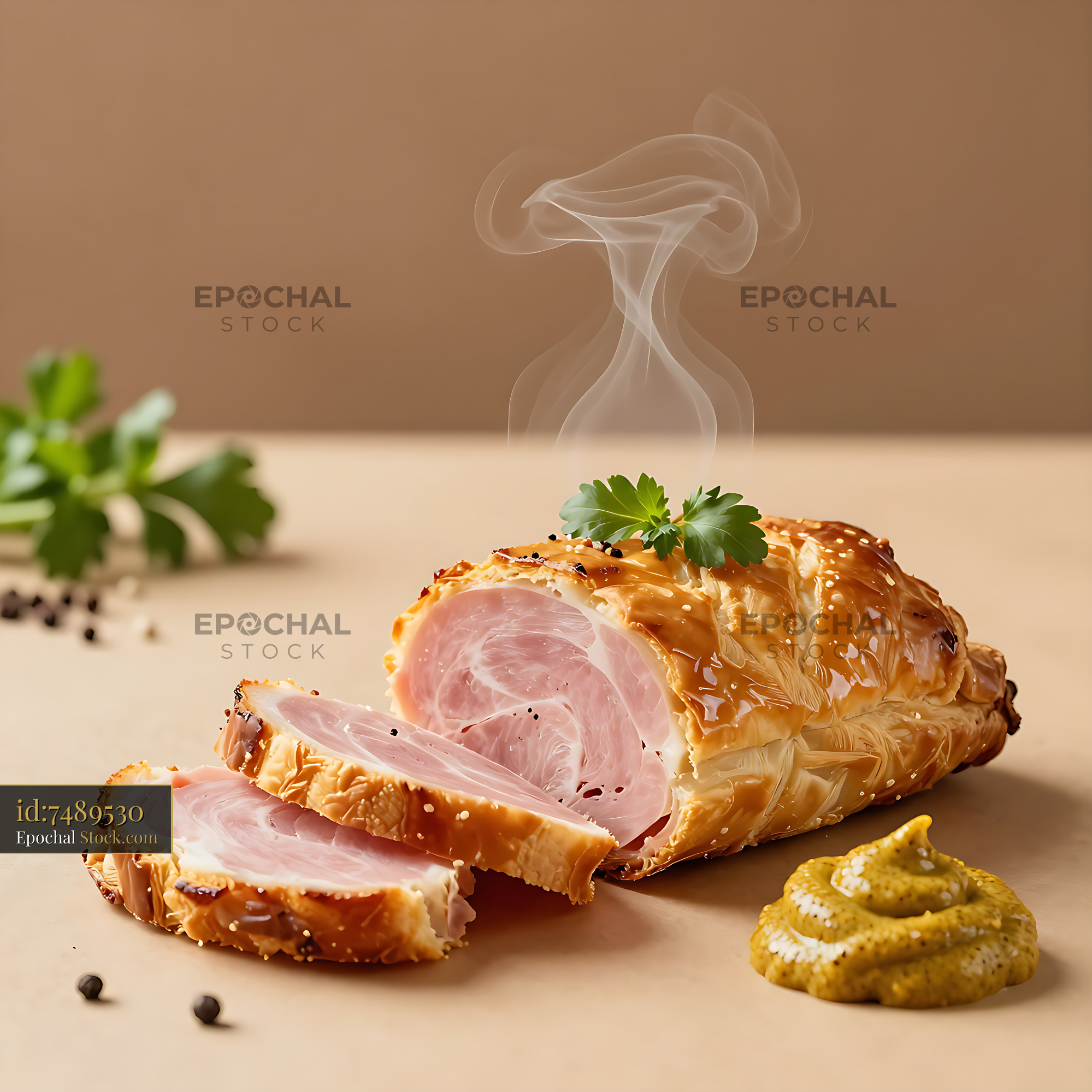 Traditional Czech Prague ham in puff pastry with steam and mustard - stock photo