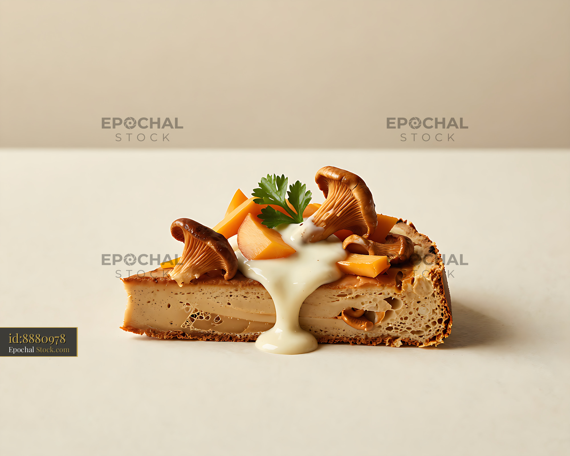 Slice of Finnish Joulukinkku served with chanterelle sauce and herbs - stock photo
