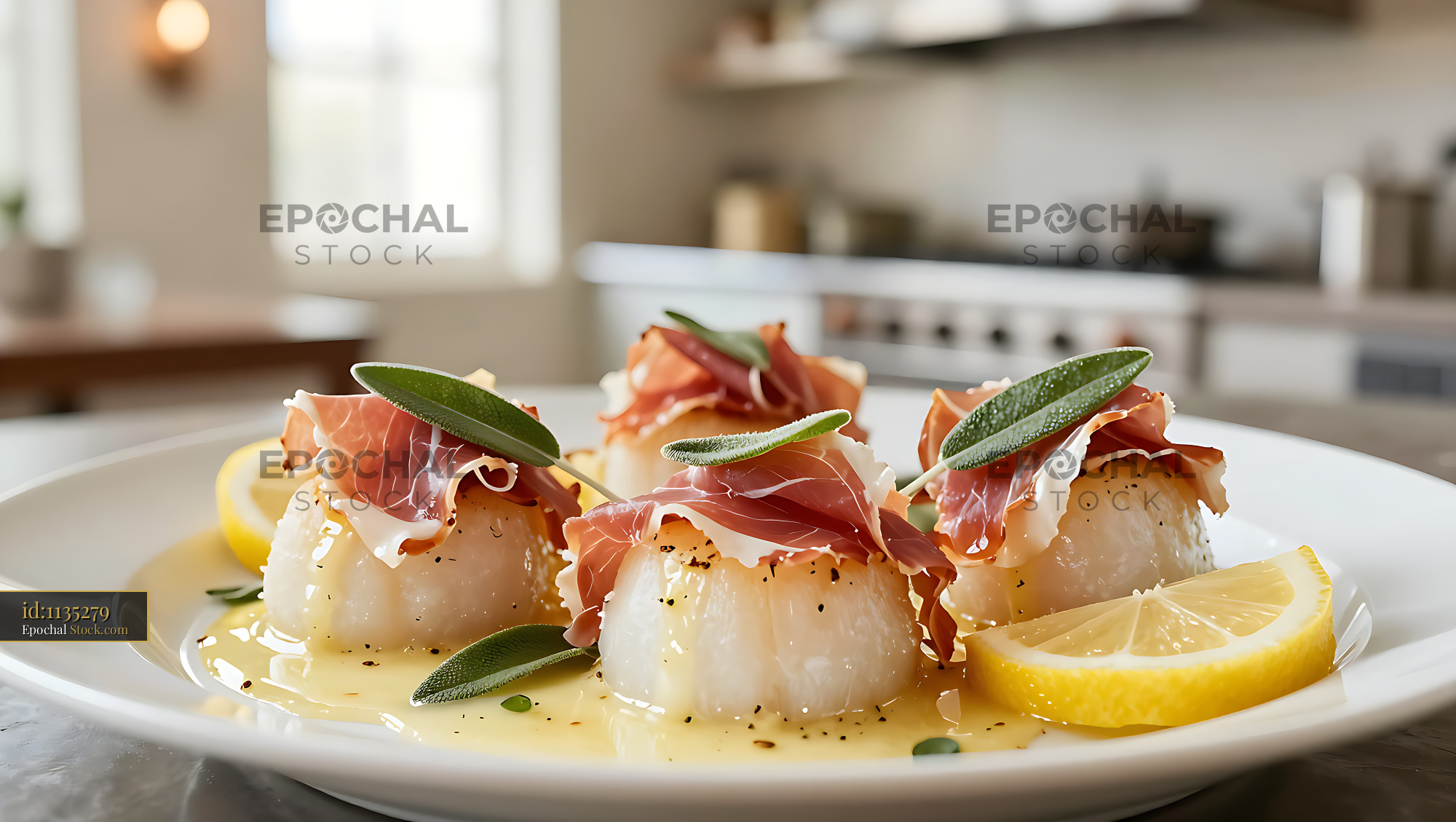 Pan-seared scallops wrapped in prosciutto with fresh sage and lemon - stock photo
