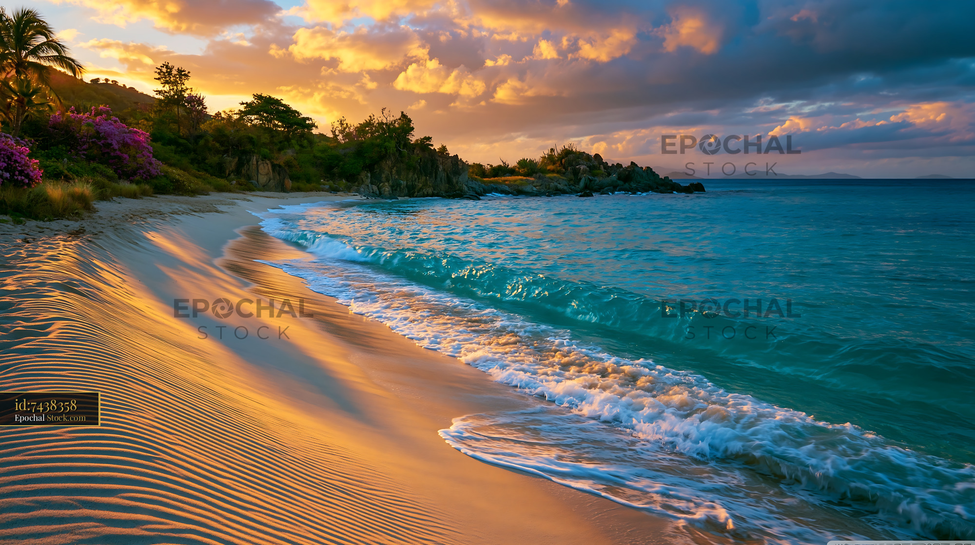 Tropical beach with turquoise waves and golden sand at sunset - stock photo