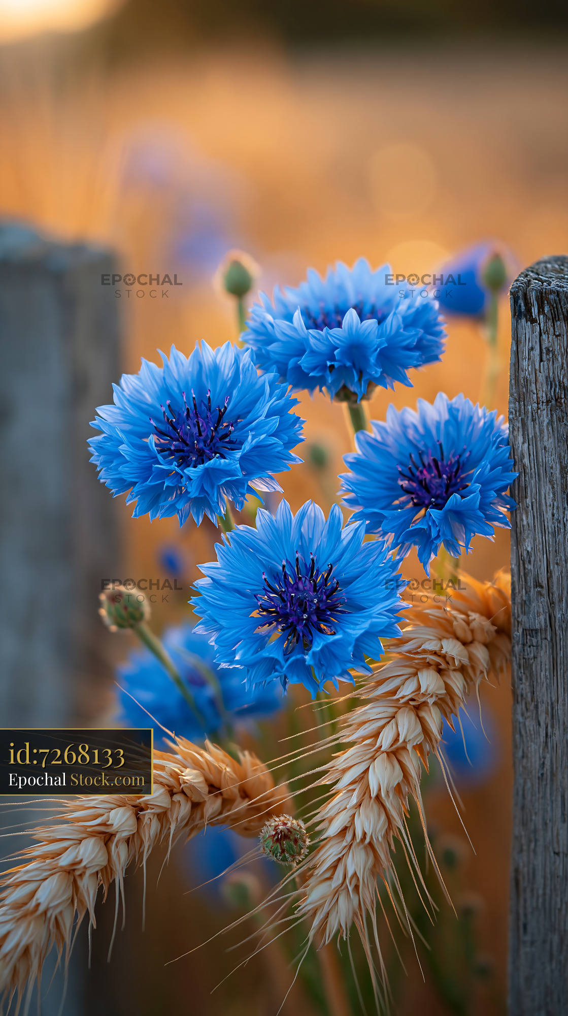 Blue cornflowers and golden wheat ears by a rustic wooden fence at sun