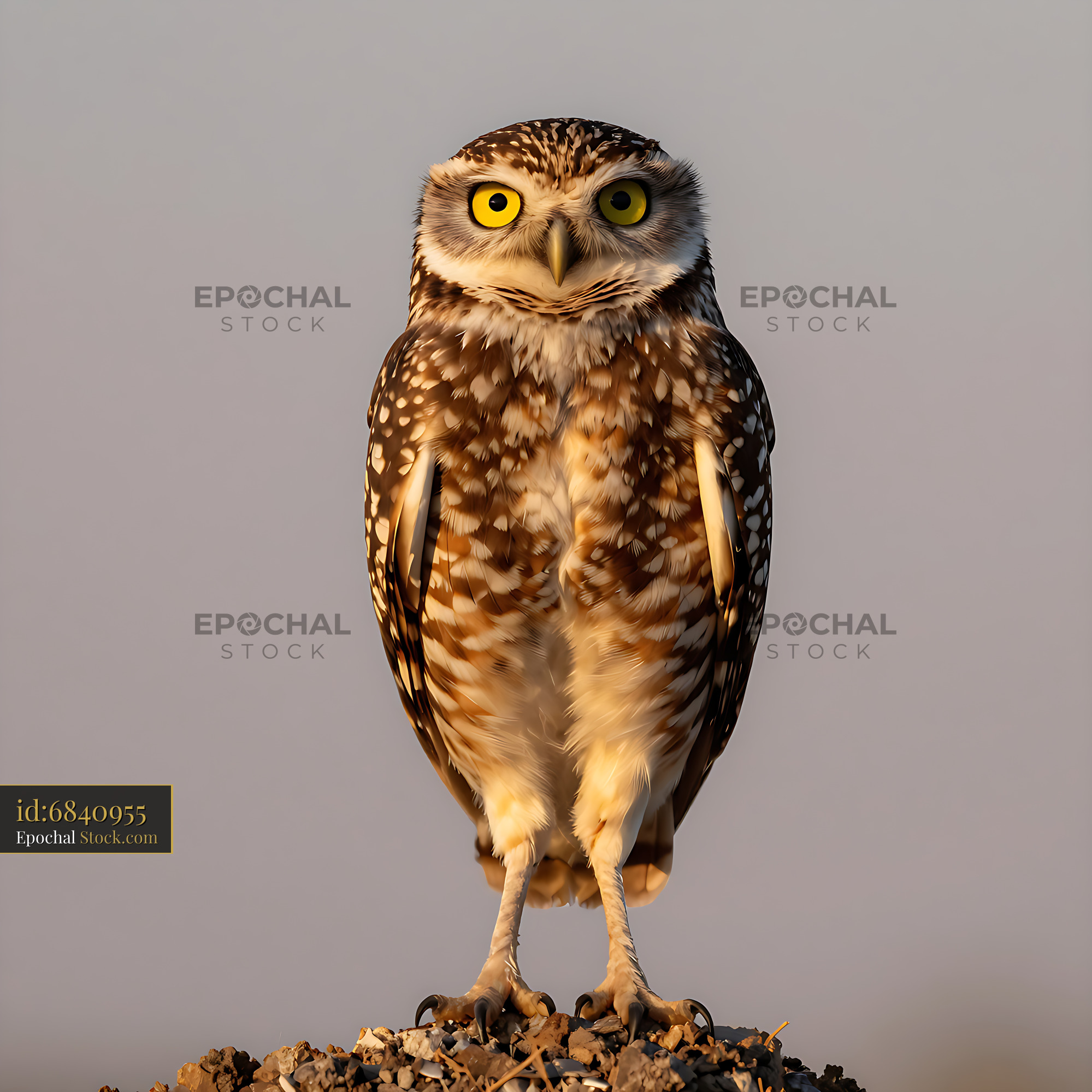Burrowing owl with intense yellow eyes standing on a dirt mound - stock photo