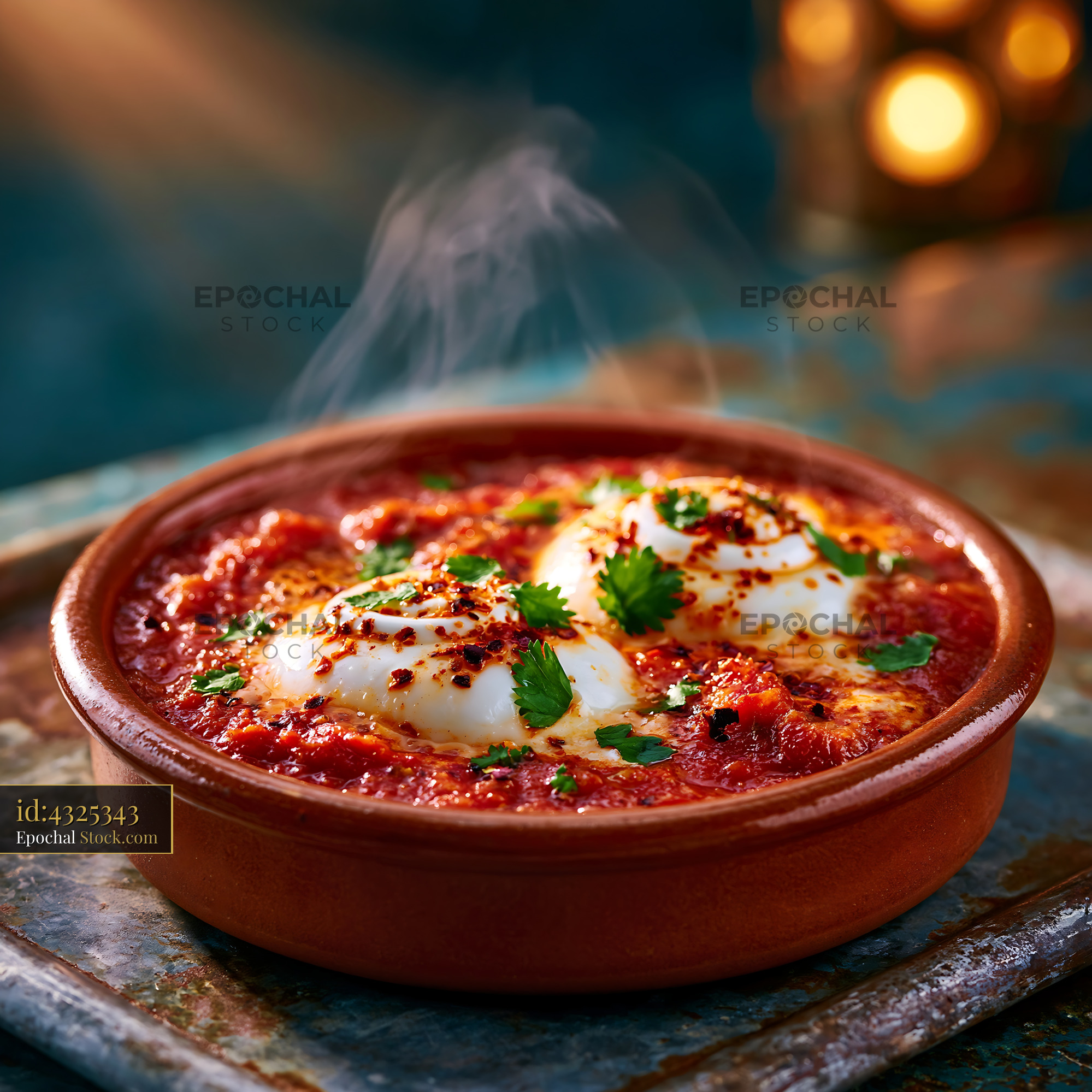 Mexican huevos ahogados with poached eggs in steaming tomato salsa - stock photo